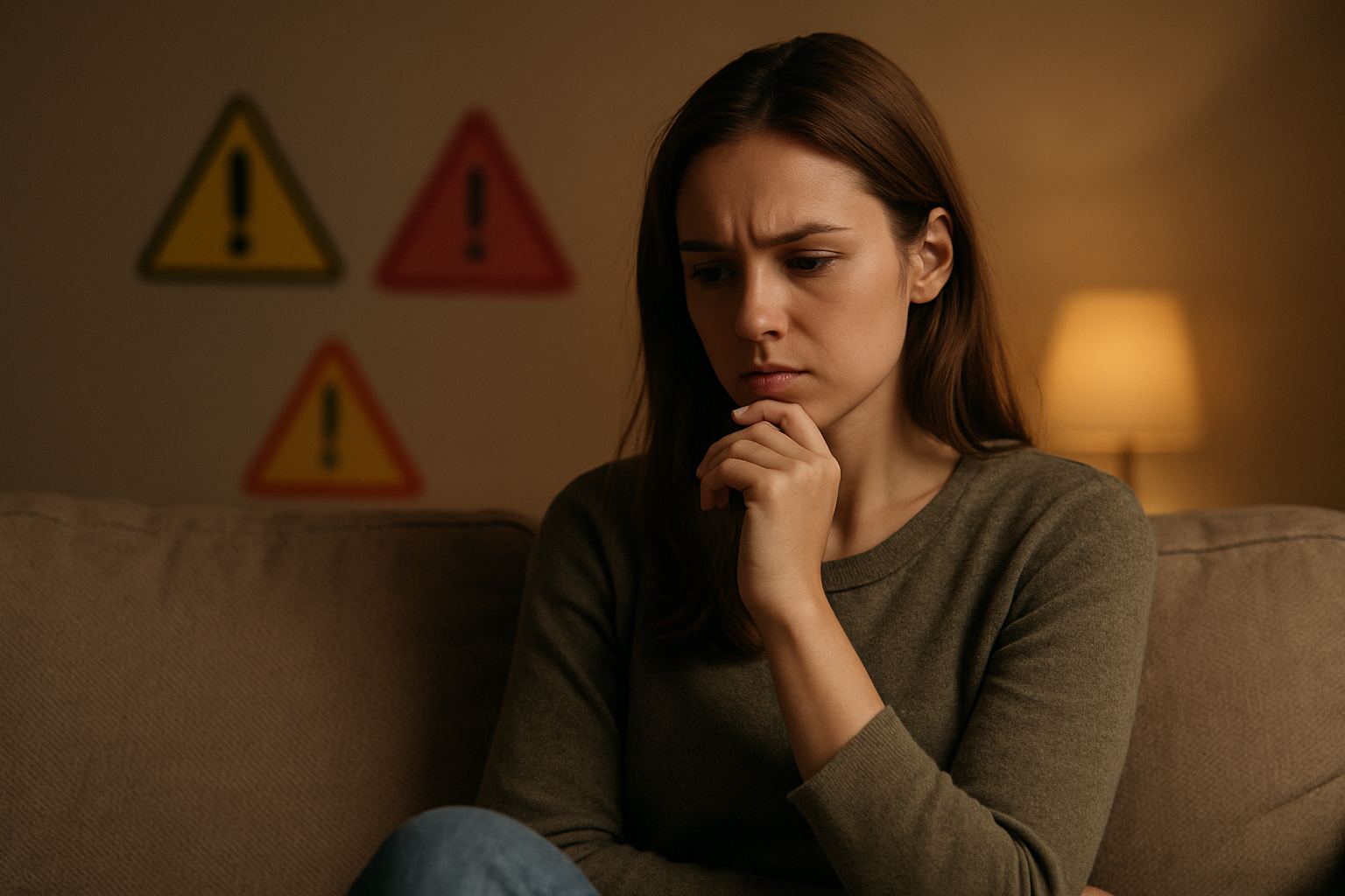 Create a realistic image of a young white woman sitting alone on a couch looking concerned and thoughtful, with her hand on her chin, while subtle warning symbols like yellow and red triangular warning signs are softly blurred in the background, indoor setting with warm but slightly dim lighting creating a contemplative mood, the woman wearing casual clothing and appearing to be in deep reflection about relationship concerns, soft shadows and muted colors throughout the scene, absolutely NO text should be in the scene.