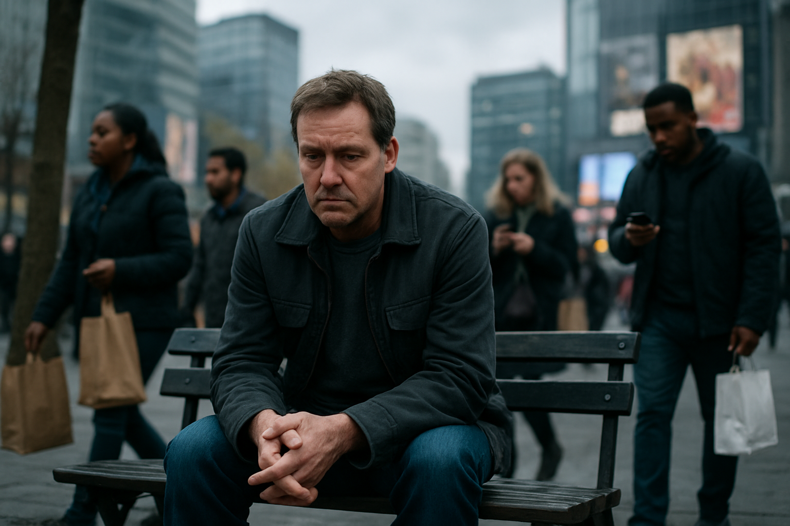 Create a realistic image of a middle-aged white male sitting alone on a park bench looking contemplative and slightly dejected, surrounded by busy people of various races rushing past him in the background carrying shopping bags and looking at their phones, with modern city buildings and advertisements visible in the distance, under overcast gray lighting that creates a melancholic atmosphere, absolutely NO text should be in the scene.