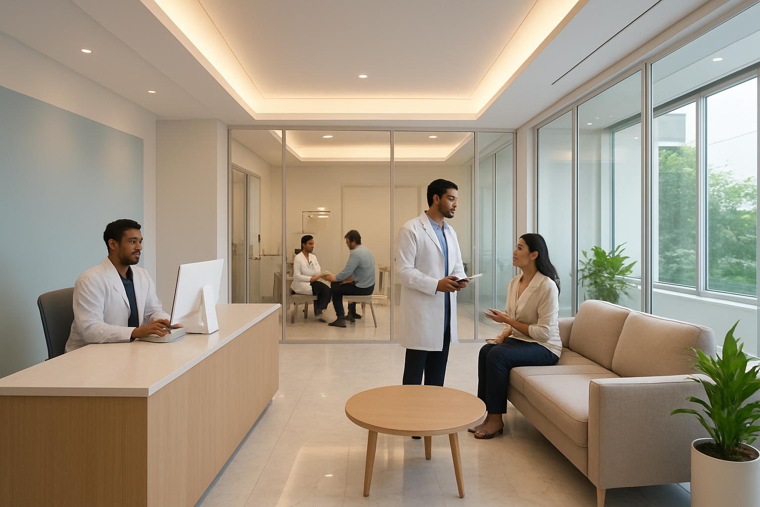 Create a realistic image of a modern, upscale hair transplant clinic interior in Chennai featuring a sleek reception area with contemporary furniture, marble flooring, and glass partitions, warm ambient lighting creating a professional and welcoming atmosphere, medical equipment visible in the background, Indian male and female staff in white medical coats consulting with patients, potted plants adding a touch of nature, clean white walls with subtle blue accents, and large windows allowing natural light to illuminate the space, absolutely NO text should be in the scene.