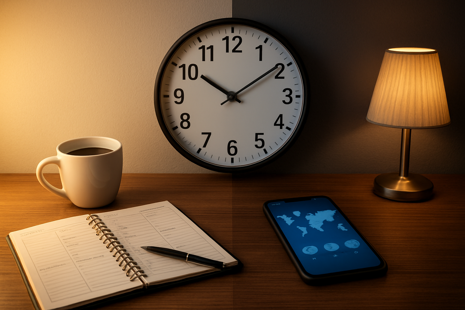 Create a realistic image of a split-screen composition showing two different time zones simultaneously, with a wall clock showing daytime hours on the left side and another clock showing nighttime hours on the right side, a smartphone displaying a world map with time zone indicators lies on a wooden desk surface, surrounded by a daily planner with scheduled appointments, a coffee cup on the day side and a bedside lamp glowing softly on the night side, warm natural lighting on the left transitioning to cool evening lighting on the right, creating a contemplative mood about managing relationships across different time zones, absolutely NO text should be in the scene.