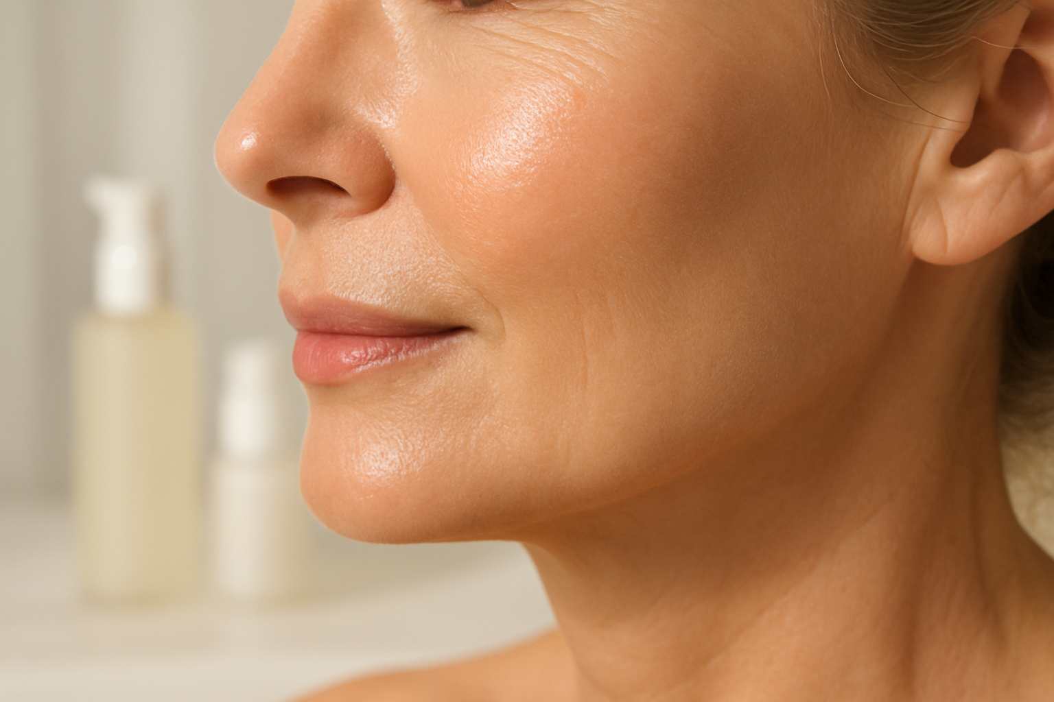 Create a realistic image of a close-up view of healthy, radiant mature skin showing smooth texture and natural glow, with soft natural lighting highlighting the skin's elasticity and firmness, complemented by subtle skincare product bottles blurred in the background, set in a clean spa-like environment with white and cream tones, conveying a sense of wellness and long-term skin vitality, absolutely NO text should be in the scene.