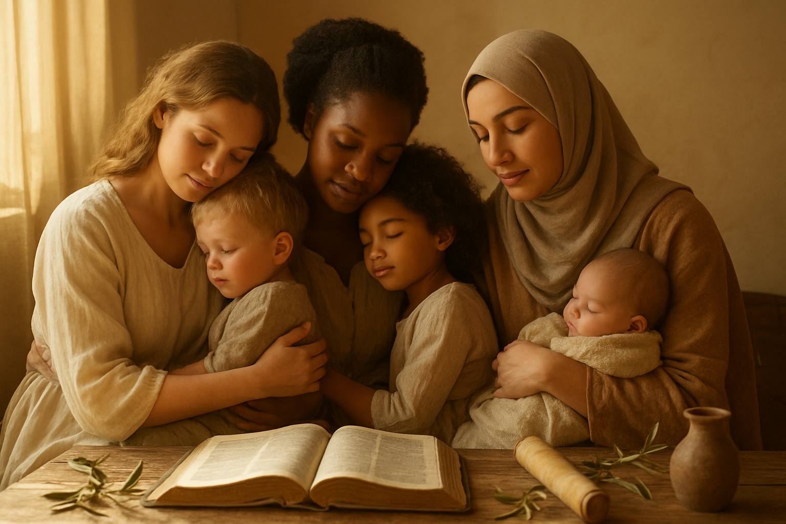 Create a realistic image of a diverse group of mothers of different ethnicities including white, black, and Middle Eastern women sitting together in a warm, softly lit room with natural sunlight streaming through a window, each woman gently holding or embracing their children of various ages, with open Bibles and scrolls visible on a wooden table nearby, surrounded by olive branches and simple pottery that evokes biblical times, creating a peaceful and contemplative atmosphere that represents the timeless bond between mothers and faith, with warm golden lighting that conveys hope, strength, and spiritual connection, absolutely NO text should be in the scene.