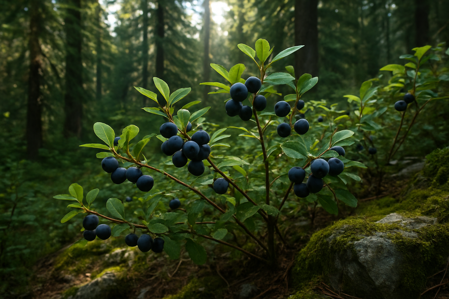 Create a realistic image of wild huckleberry bushes growing naturally in their mountainous forest habitat, showing clusters of dark purple-blue huckleberries hanging from green leafy branches, set against a backdrop of tall evergreen trees, dappled sunlight filtering through the forest canopy creating natural lighting, with moss-covered rocks and forest floor debris visible, capturing the authentic wilderness environment where these berries are typically foraged, absolutely NO text should be in the scene.