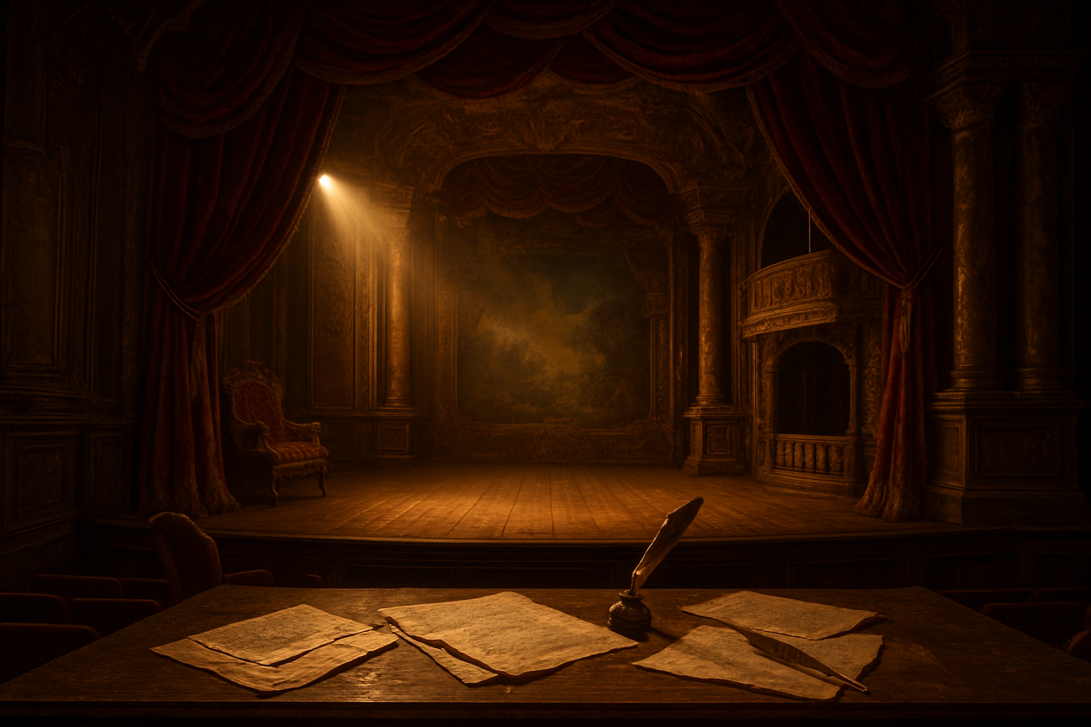 Create a realistic image of an ornate 17th-century French theater stage with elaborate baroque scenery, rich burgundy velvet curtains with gold tassels, dramatic spotlighting casting warm golden light on the wooden stage floor, vintage theater props including ornate chairs and a balcony set piece, dusty manuscripts and quill pens scattered on a director's table in the foreground, the atmosphere should be intimate and scholarly with warm amber lighting suggesting creativity and literary brilliance, the scene should evoke the craftsmanship of classical French dramaturgy, absolutely NO text should be in the scene.