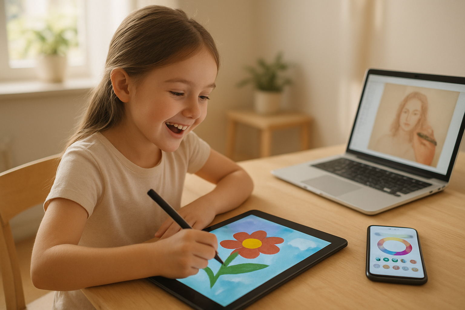 Create a realistic image of a bright, modern room where a young white female child sits at a desk using a digital drawing tablet with a stylus, her face showing excitement and engagement as colorful digital artwork appears on the tablet screen, with a smartphone displaying drawing apps and a laptop showing online art tutorials nearby on the desk, warm natural lighting streaming through a window creating an inspiring creative atmosphere, Absolutely NO text should be in the scene.