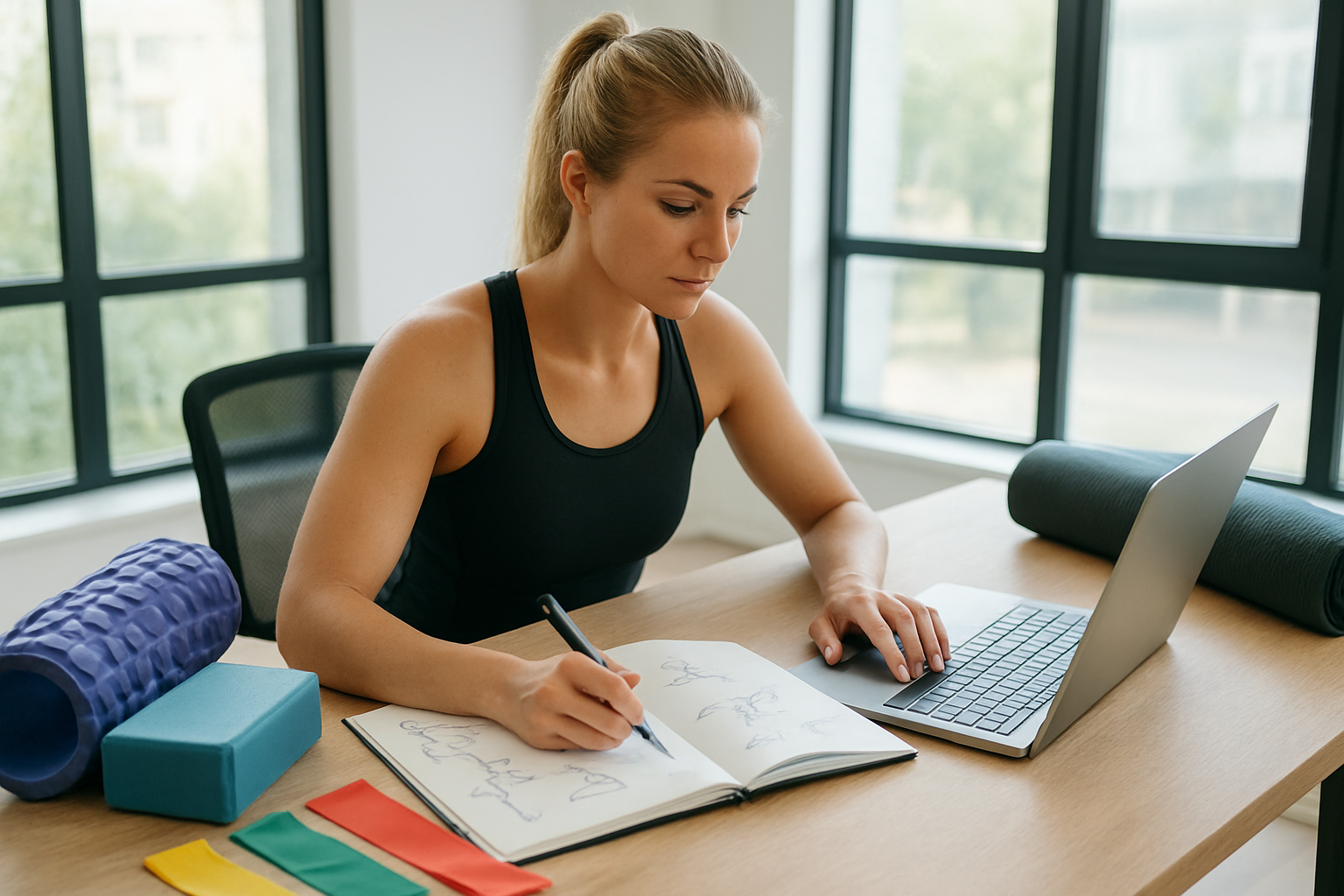 Create a realistic image of a white female fitness professional in athletic wear sitting at a modern desk with a laptop, pen, and notebook open showing mobility exercise diagrams and stretching routine charts, surrounded by fitness equipment like resistance bands, foam rollers, and yoga blocks, in a bright contemporary office space with large windows providing natural lighting, conveying a focused planning atmosphere for developing personalized flexibility training programs, absolutely NO text should be in the scene.