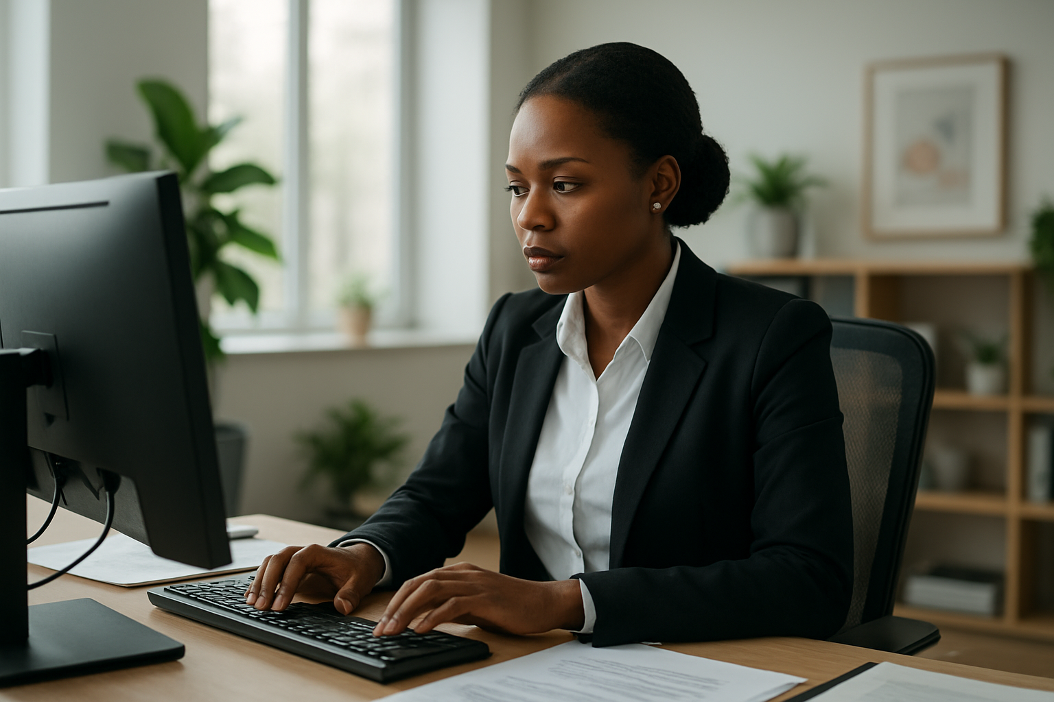 Create a realistic image of a professional black female office worker sitting at a modern desk, focused and diligently working on her computer with organized papers and documents neatly arranged around her workspace, wearing professional business attire, in a bright contemporary office environment with natural lighting streaming through windows, surrounded by plants and motivational elements that suggest dedication and integrity, with a calm and purposeful atmosphere that conveys excellence and moral character in the workplace, absolutely NO text should be in the scene.