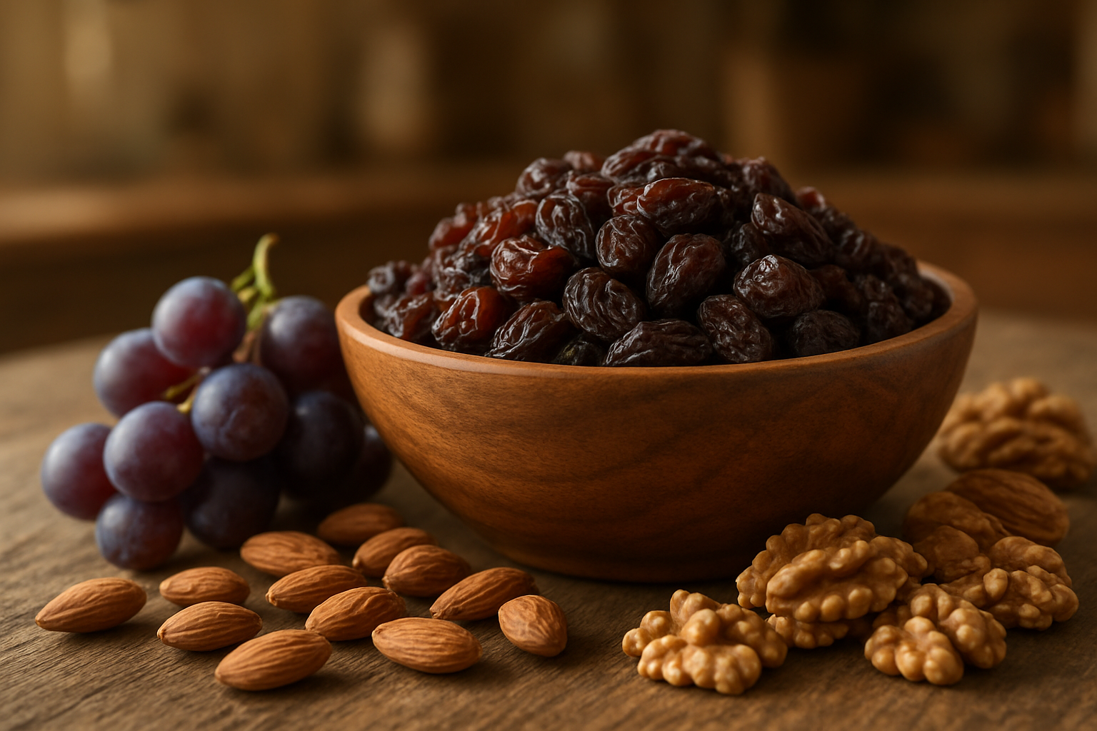 Create a realistic image of a wooden bowl overflowing with plump, dark raisins in the foreground, surrounded by fresh purple grapes, almonds, and walnuts on a rustic wooden table, with soft natural lighting streaming from the left side creating gentle shadows, and a blurred kitchen background with warm earth tones, showcasing the natural abundance and nutritional richness of dried fruits and nuts in an inviting, healthy eating atmosphere, absolutely NO text should be in the scene.