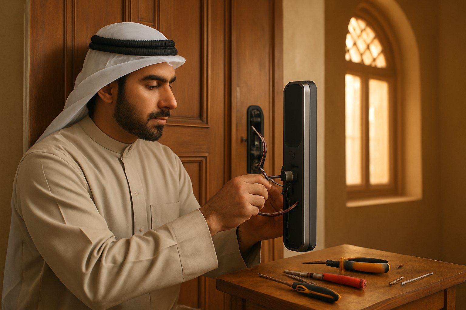Create a realistic image of a Middle Eastern male technician installing a modern smart door lock on a traditional UAE home's wooden door frame, showing the lock's components and wiring being connected, with tools scattered on a small table nearby, warm natural lighting from a window illuminating the installation process, capturing the blend of modern technology with traditional Middle Eastern architecture, absolutely NO text should be in the scene.