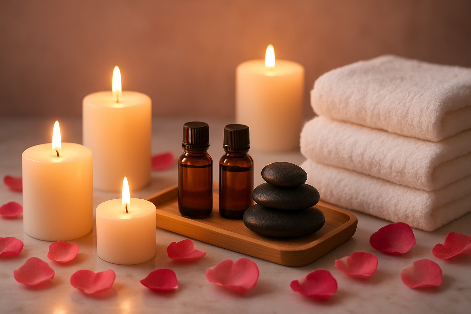 Create a realistic image of an elegant spa setting with luxurious self-care items arranged beautifully, featuring lit aromatherapy candles, essential oil bottles, fluffy white towels, rose petals scattered around, a bamboo tray with spa stones, soft lighting creating a warm romantic ambiance, valentine-themed touches with subtle pink and red accents, all arranged on a marble surface with a serene background, absolutely NO text should be in the scene.