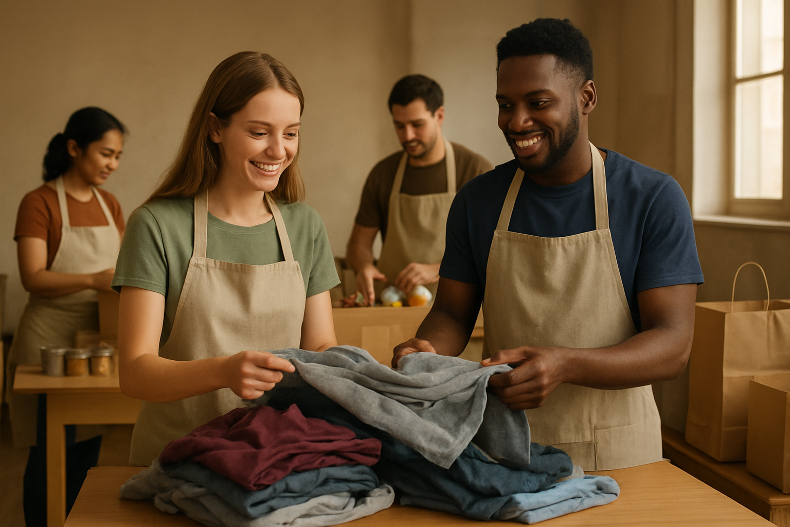 Create a realistic image of diverse volunteers engaged in community service activities, showing a white female and black male sorting donated clothes at a community center table, with other volunteers of mixed races organizing food items in boxes in the background, warm indoor lighting creating a welcoming atmosphere, people wearing casual clothing and aprons, donation boxes and bags visible around the space, conveying a sense of cooperation and charitable giving, absolutely NO text should be in the scene.