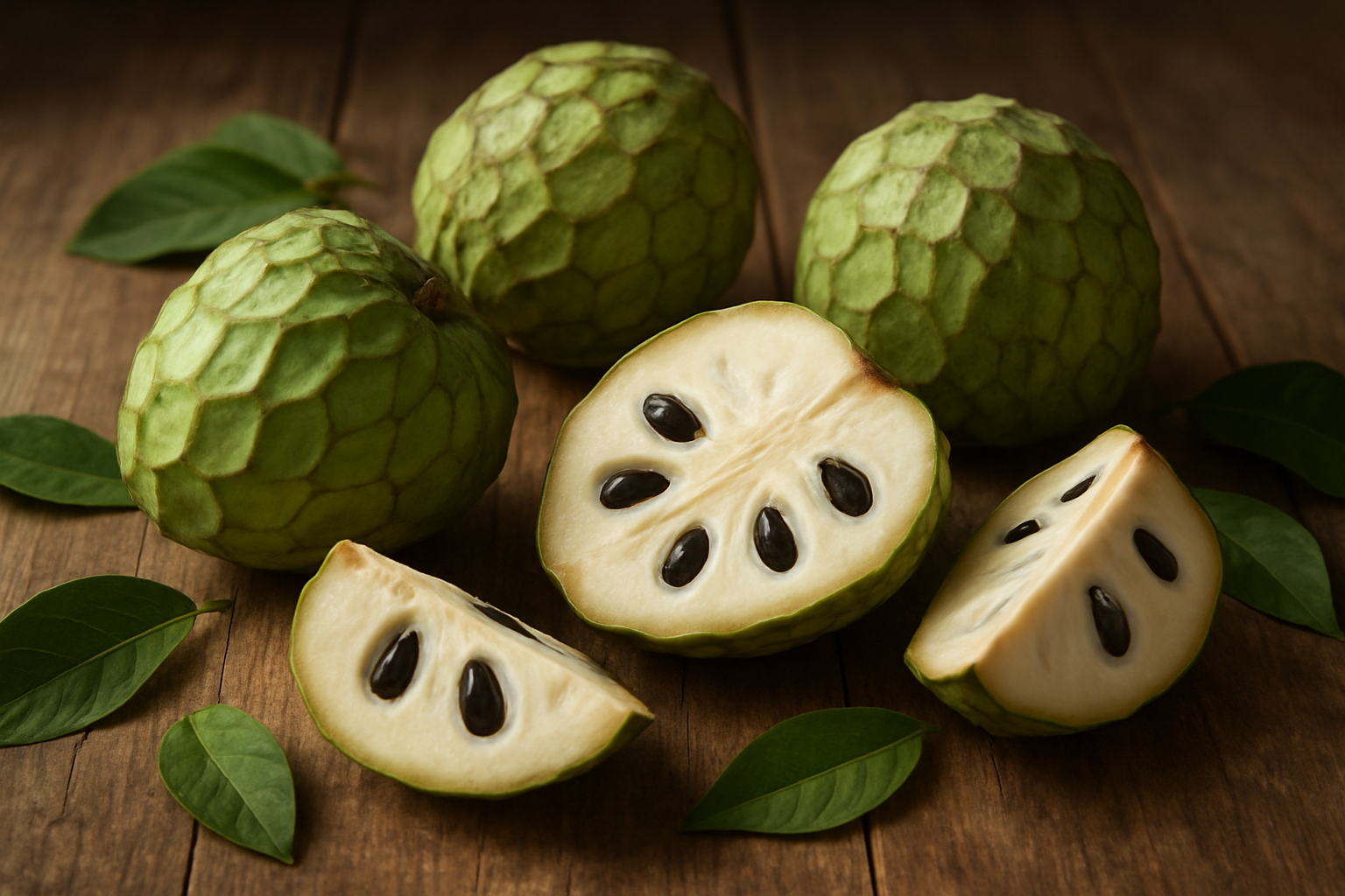 Create a realistic image of fresh whole cherimoya fruits and sliced cherimoya pieces arranged on a rustic wooden table, showcasing the fruit's distinctive green scaly exterior and creamy white flesh with dark seeds, surrounded by scattered cherimoya leaves, with soft natural lighting from a window creating gentle shadows, conveying a sense of freshness and completion of a culinary journey, shot from a slightly elevated angle with a warm, inviting atmosphere that suggests satisfaction and knowledge gained about this exotic tropical fruit, absolutely NO text should be in the scene.