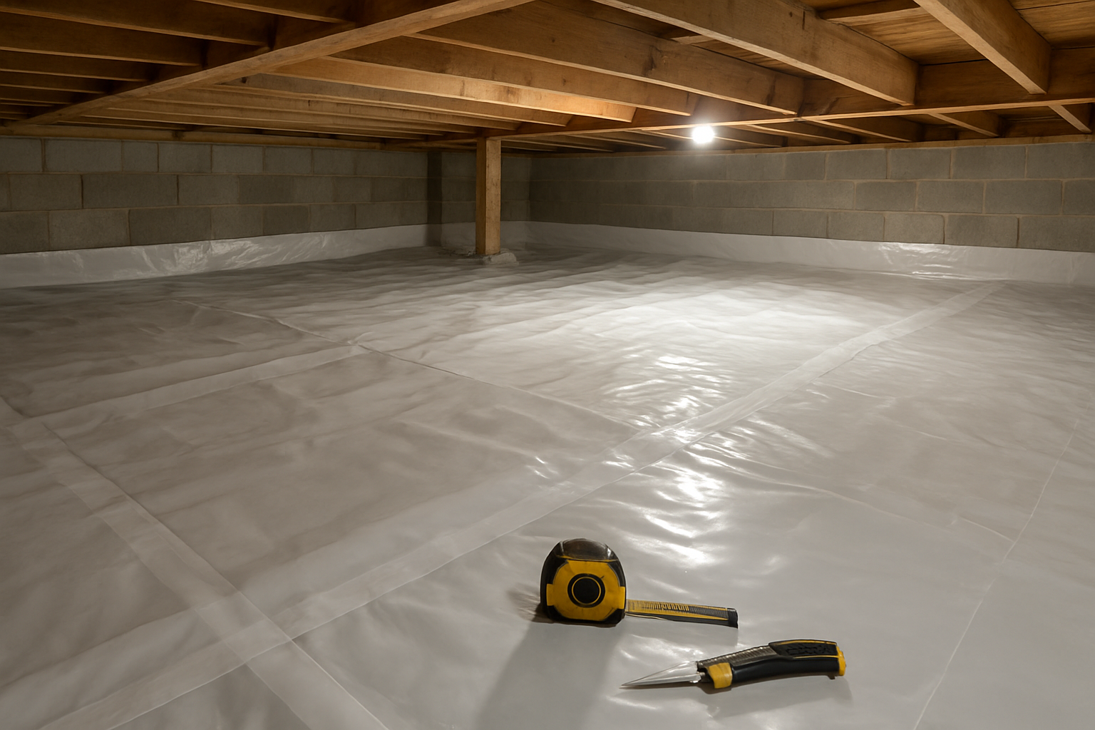 Create a realistic image of a crawl space interior showing the installation of plastic vapor barriers on the dirt ground, with overlapping sheets of thick polyethylene plastic covering the soil surface, concrete foundation walls visible in the background, wooden floor joists overhead, adequate lighting illuminating the work area, hand tools like utility knife and measuring tape nearby on the barrier material, demonstrating moisture control in a residential basement crawl space environment, absolutely NO text should be in the scene.