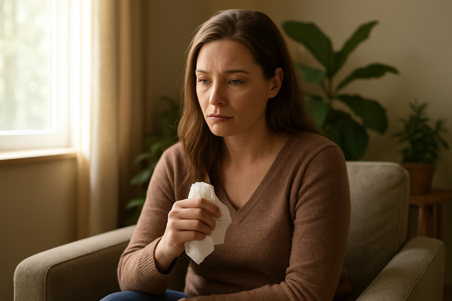 Create a realistic image of a white female in her 30s sitting in a comfortable therapy chair or couch, holding a tissue while looking contemplative, with soft natural lighting streaming through a window, surrounded by a calm indoor setting with plants and warm earth tones, conveying a sense of emotional processing and healing, absolutely NO text should be in the scene.