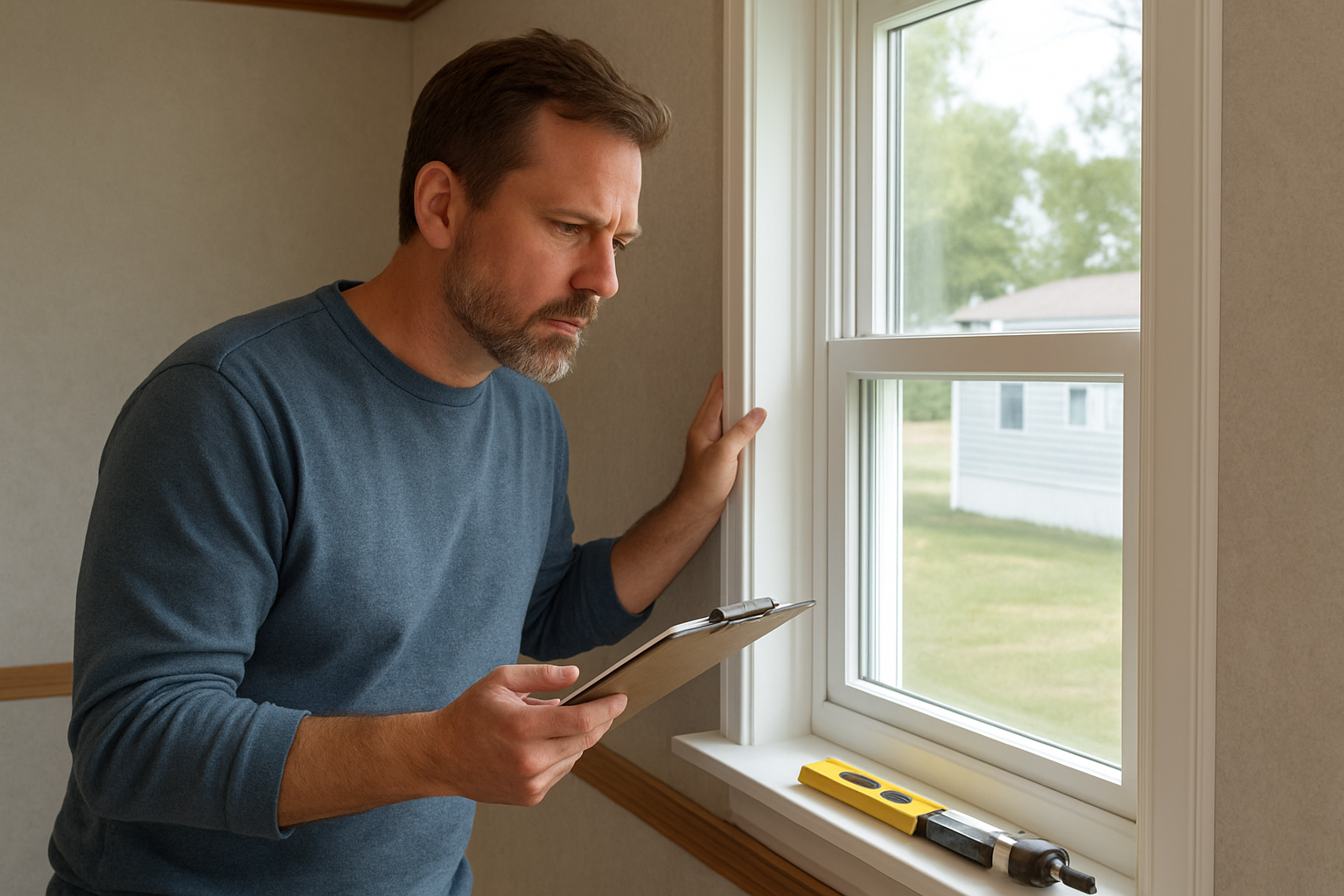 Create a realistic image of a white male homeowner in his 40s carefully inspecting a newly installed energy-efficient window in a mobile home, holding a checklist and examining the window frame seal and trim work, with tools like a level and caulk gun on a nearby windowsill, interior mobile home setting with clean finished window installation showing proper trim and weatherstripping, bright natural daylight streaming through the new window creating a well-lit scene, absolutely NO text should be in the scene.