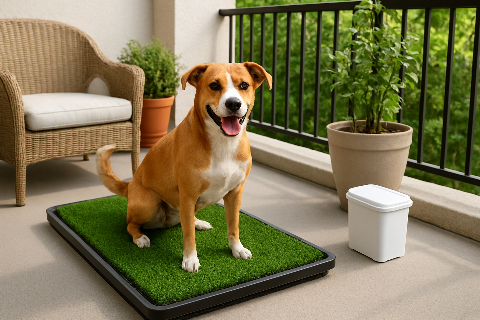 Create a realistic image of a clean, well-designed porch potty setup on a residential balcony or patio, featuring a rectangular artificial grass pad with drainage system, a small waste disposal container nearby, and a happy medium-sized dog using the potty area, with outdoor furniture and potted plants in the background creating a pleasant home environment, bright natural daylight illuminating the scene to emphasize convenience and cleanliness, absolutely NO text should be in the scene.