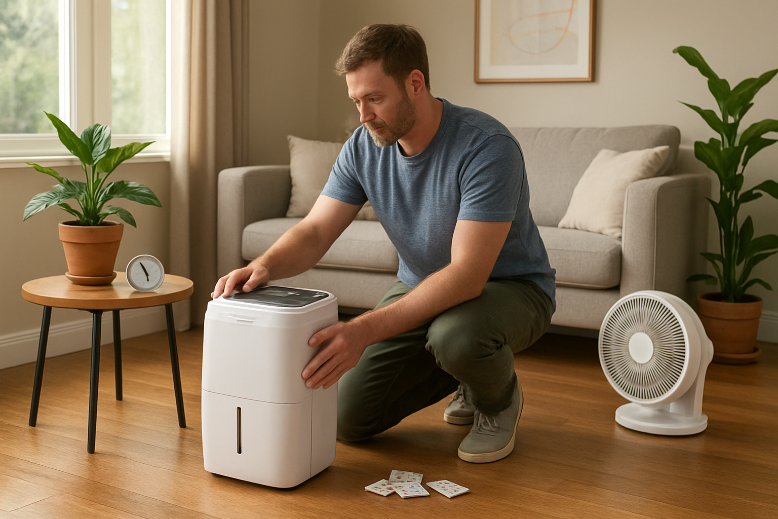 Create a realistic image of a white male homeowner in casual clothes using a dehumidifier in a modern living room, with visible moisture prevention tools like silica gel packets, a hygrometer on a side table, proper ventilation fans, and houseplants that absorb humidity, featuring warm natural lighting from windows, clean organized space with hardwood floors, and a calm productive atmosphere showing active moisture control maintenance. Absolutely NO text should be in the scene.