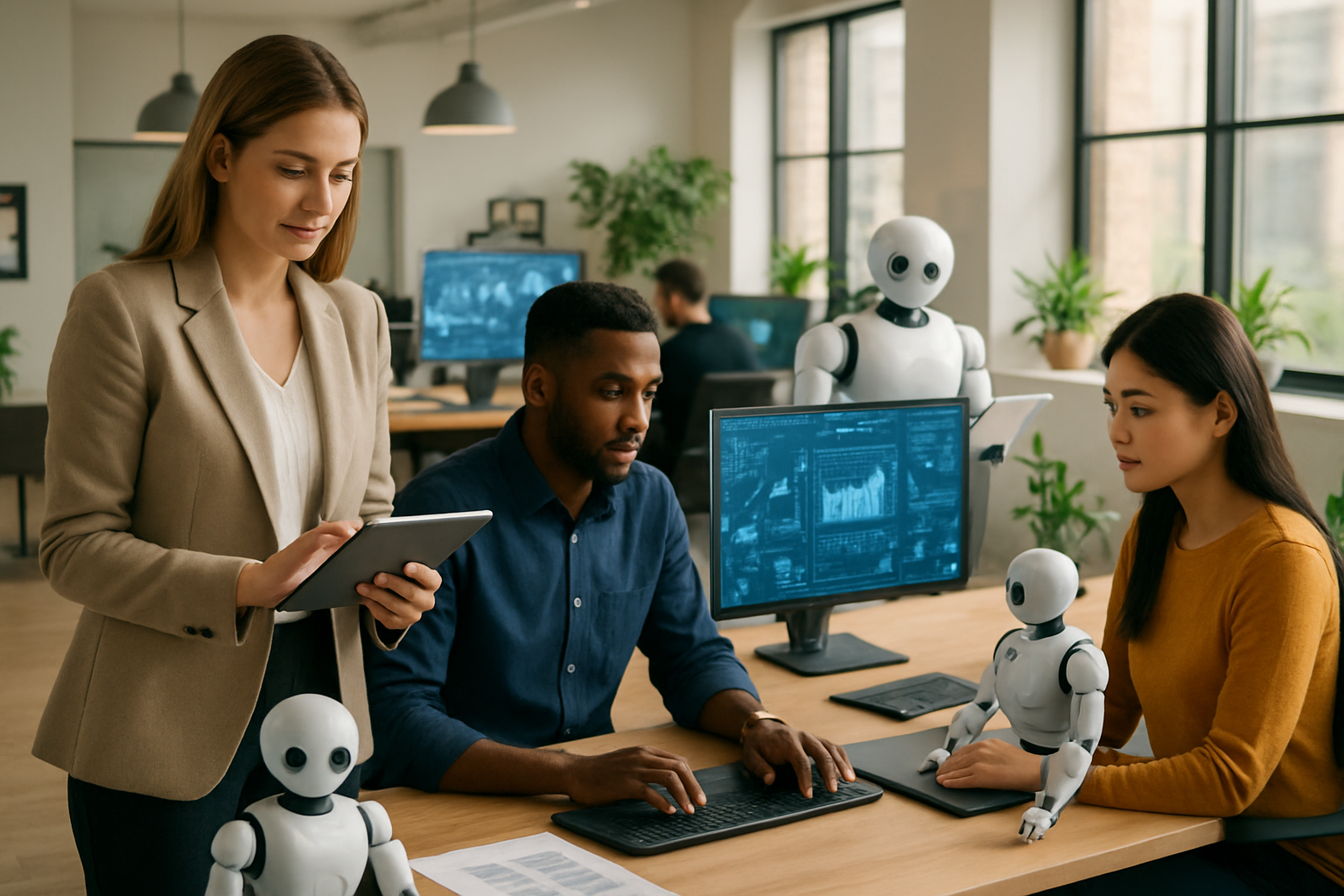 Create a realistic image of a modern office environment showing diverse professionals working alongside AI technology, featuring a white female manager reviewing data on a tablet, a black male engineer collaborating with robotic equipment, and an Asian female creative designer using AI-powered design software, with sleek workstations containing both traditional computers and advanced AI interfaces, holographic displays showing data analytics, robotic assistants performing administrative tasks, warm natural lighting streaming through large windows, plants and human touches throughout the space, conveying a harmonious and optimistic atmosphere of human-AI collaboration in the workplace, with a clean contemporary aesthetic that suggests progress and adaptation rather than replacement, absolutely NO text should be in the scene.