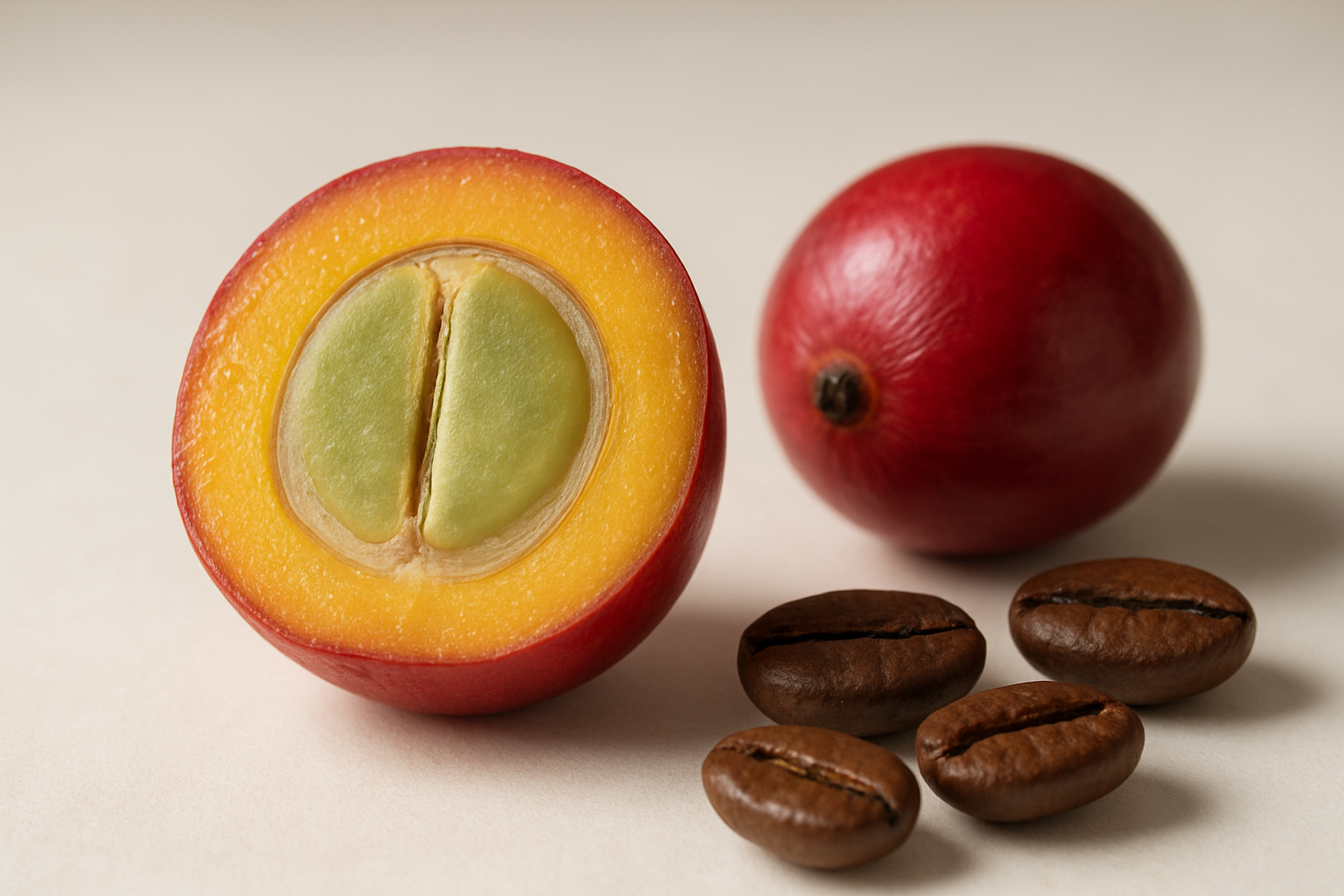 Create a realistic image of a cross-section view of a fresh coffee cherry fruit showing its detailed botanical structure with the outer red skin, yellow pulp layer, parchment layer, silver skin, and green coffee bean in the center, alongside a whole intact coffee cherry and several individual coffee beans, arranged on a clean white surface with soft natural lighting from above that highlights the textures and layers, with a neutral blurred background, absolutely NO text should be in the scene.