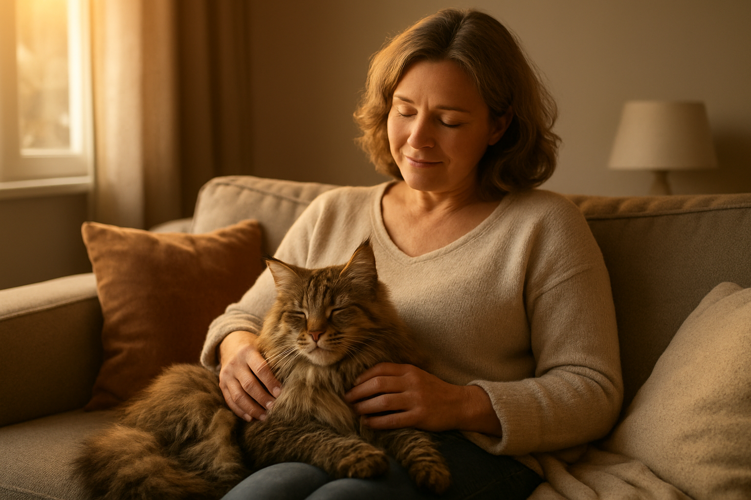 Create a realistic image of a warm, cozy living room scene showing a middle-aged white female sitting on a comfortable sofa gently petting a large, fluffy Maine Coon cat with distinctive tufted ears and long fur that is contentedly purring in her lap, with the woman's face showing a peaceful, loving expression as she bonds with her rescued feline companion, soft natural lighting streaming through a nearby window creating a golden hour ambiance, with subtle home elements like throw pillows and a soft blanket visible in the background to emphasize the comfortable, nurturing environment of their new home together, absolutely NO text should be in the scene.
