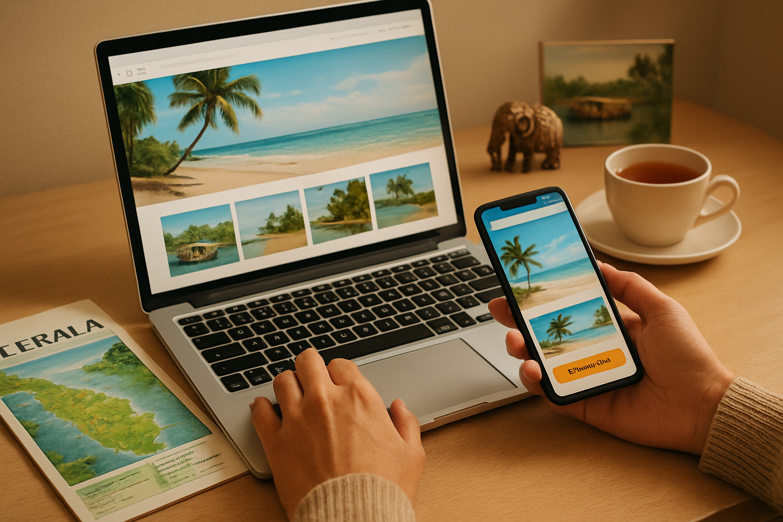 realistic image of a person's hands using a laptop and smartphone on a clean desk to book a travel package, with a Kerala tourism brochure or map of Kerala visible nearby, a cup of tea on the side, warm and inviting lighting creating a cozy planning atmosphere, with subtle hints of Kerala's iconic imagery like a small decorative elephant figurine or a postcard of backwaters in the background, conveying the excitement of travel planning. Absolutely NO text should be in the scene.