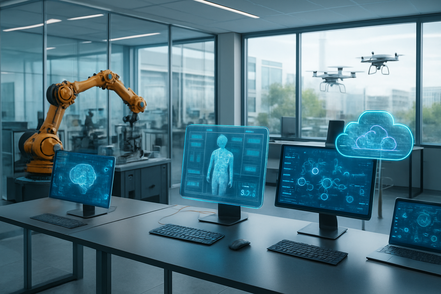 Create a realistic image of a modern workspace showing advanced technology integration across multiple industries, featuring holographic displays floating above sleek desks, robotic arms working alongside traditional manufacturing equipment, AI-powered medical diagnostic screens, autonomous delivery drones visible through large windows, and digital transformation elements like cloud computing visualizations and IoT sensors, all set in a bright, contemporary office environment with glass walls and natural lighting, conveying innovation and progress. Absolutely NO text should be in the scene.