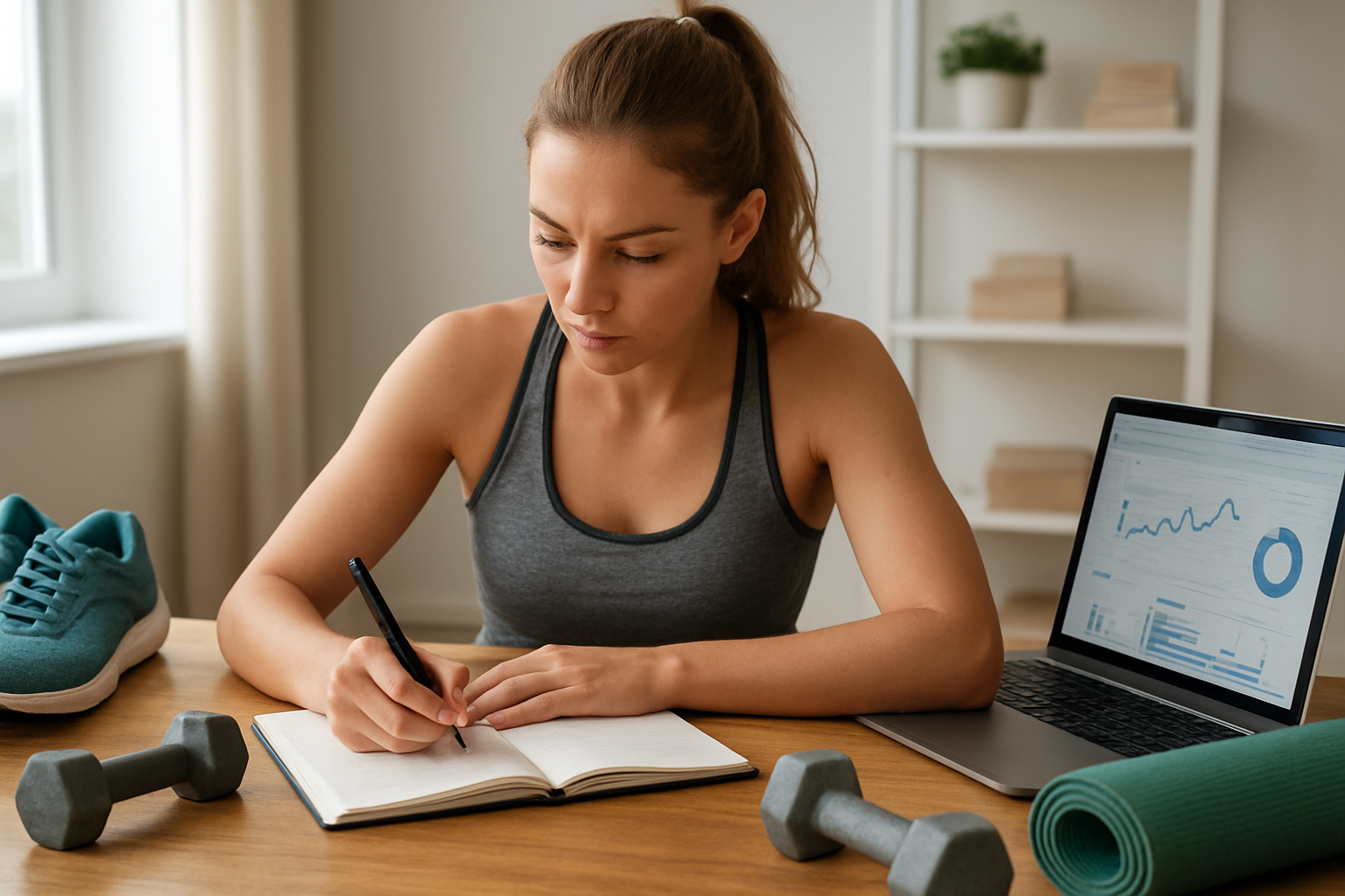 Create a realistic image of a focused white female athlete in her 20s sitting at a wooden desk writing in a fitness journal with a pen, surrounded by exercise equipment including dumbbells, a yoga mat, and running shoes, with a laptop displaying a fitness tracking app open nearby, set in a bright modern home office with natural lighting from a window, conveying determination and planning for fitness success, absolutely NO text should be in the scene.