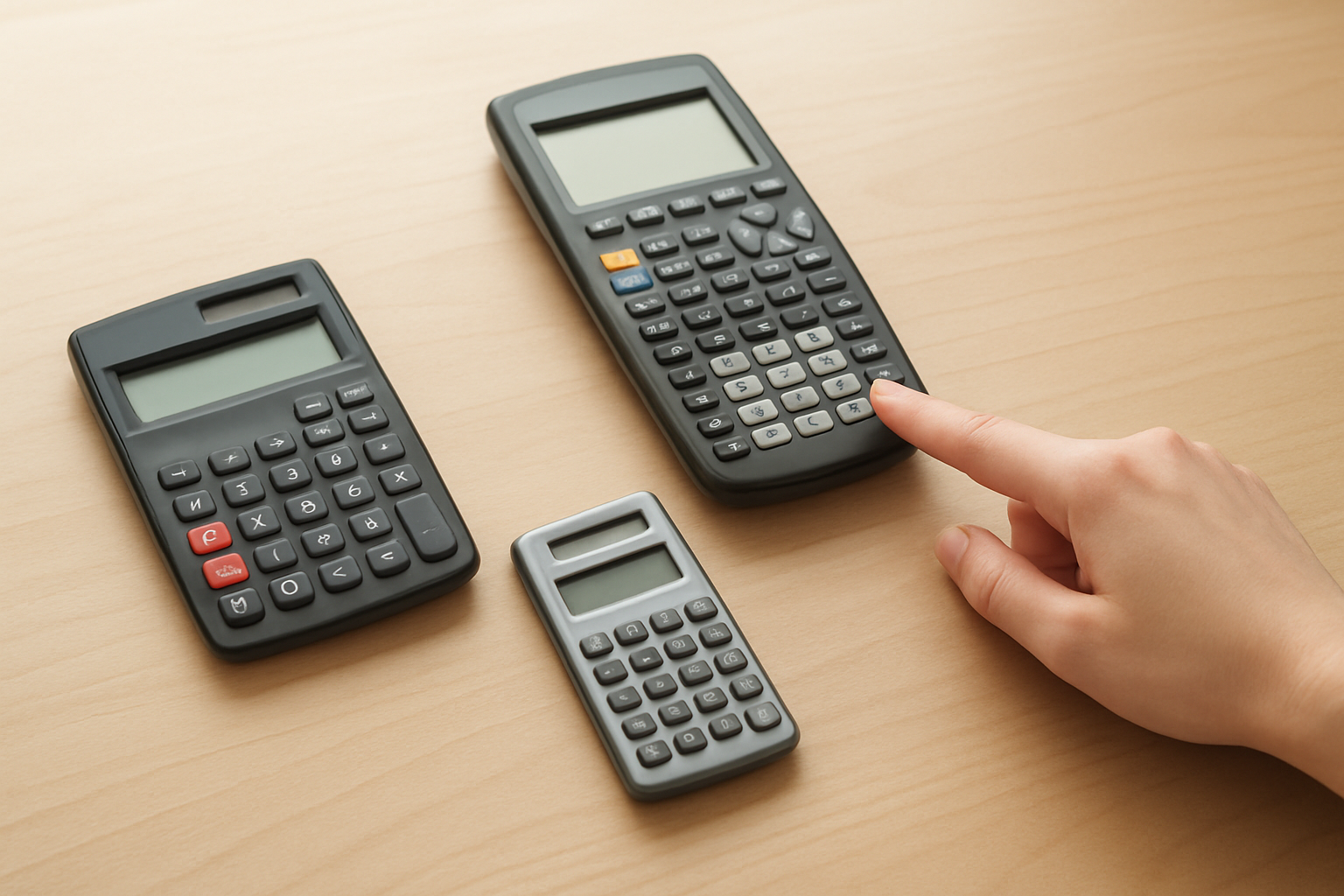 Create a realistic image of several different types of calculators arranged on a clean wooden desk surface, including a basic scientific calculator, a graphing calculator, and a simple arithmetic calculator, with a white female hand pointing at one of the calculators as if comparing features, soft natural lighting from a window, organized and educational atmosphere suggesting decision-making process, absolutely NO text should be in the scene.
