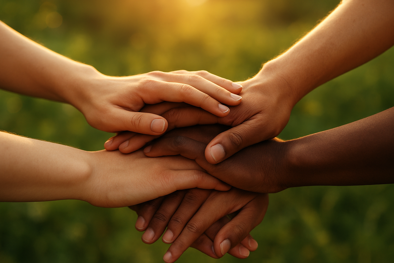 Create a realistic image of diverse hands of different skin tones - white, black, brown, and olive - gently placed together in a circle formation, symbolizing unity and love, with soft golden sunlight filtering through from above, creating warm highlights on the hands, set against a peaceful blurred background of green nature, conveying a sense of harmony, compassion, and community, with gentle shadows and warm lighting that evokes feelings of hope and togetherness, absolutely NO text should be in the scene.