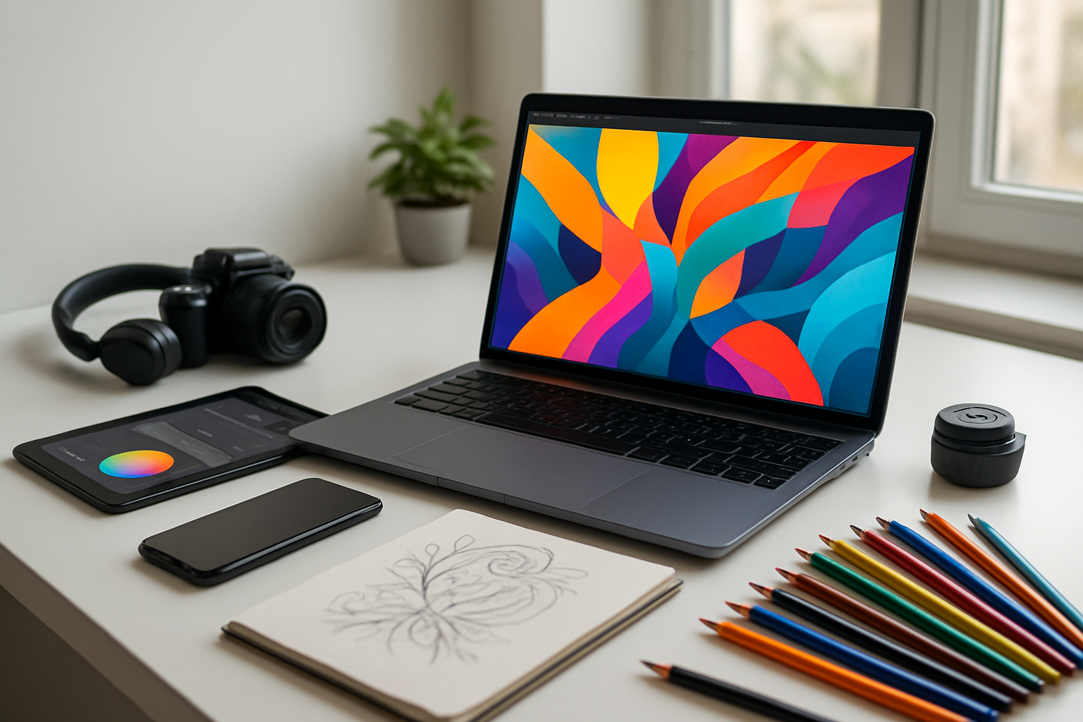 Create a realistic image of a modern workspace setup featuring a laptop displaying colorful digital graphics on screen, a tablet with design software interface, a smartphone, wireless headphones, a digital camera, art supplies including colored pencils and a sketchbook with creative drawings, all arranged on a clean white desk near a bright window with natural lighting, conveying a productive and inspiring atmosphere for digital creative work, absolutely NO text should be in the scene.
