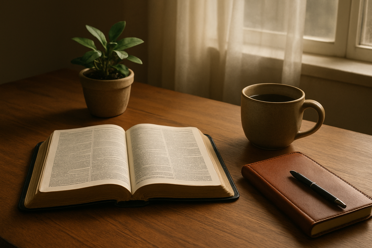 Create a realistic image of a peaceful indoor scene with an open Bible on a wooden table alongside a leather-bound journal with a pen resting on it, a small potted plant, and a warm cup of coffee, with soft natural light streaming through a nearby window creating gentle shadows, conveying a serene atmosphere for personal reflection and spiritual contemplation, absolutely NO text should be in the scene.
