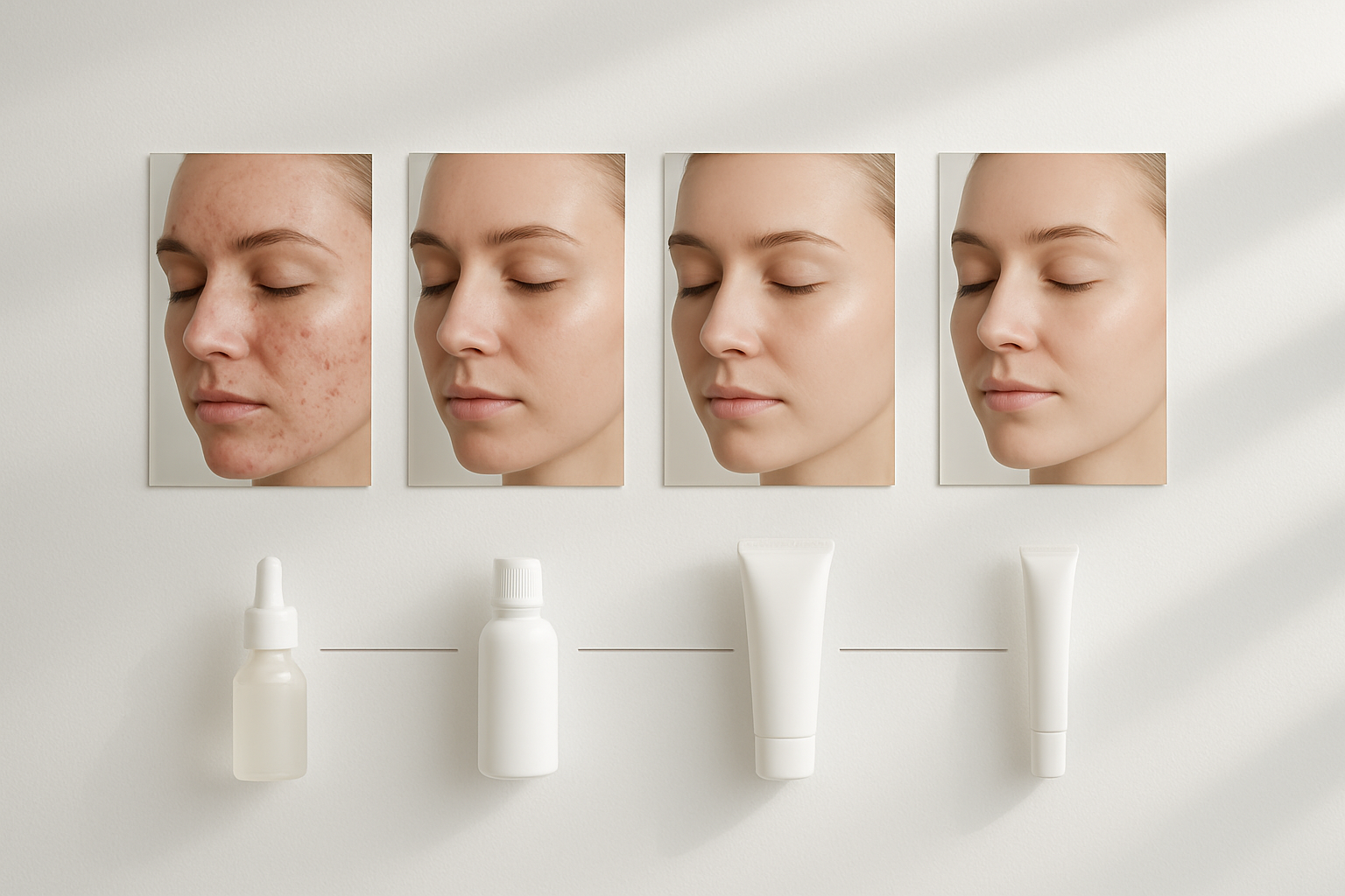 Create a realistic image of a clean, minimalist timeline layout showing skincare progression over multiple weeks, featuring before and after comparison photos of facial skin healing stages, small skincare product bottles and tubes arranged chronologically, soft natural lighting, white background with subtle shadows, medical aesthetic clinic atmosphere, gentle pastel color accents, professional healthcare setting mood, Absolutely NO text should be in the scene.