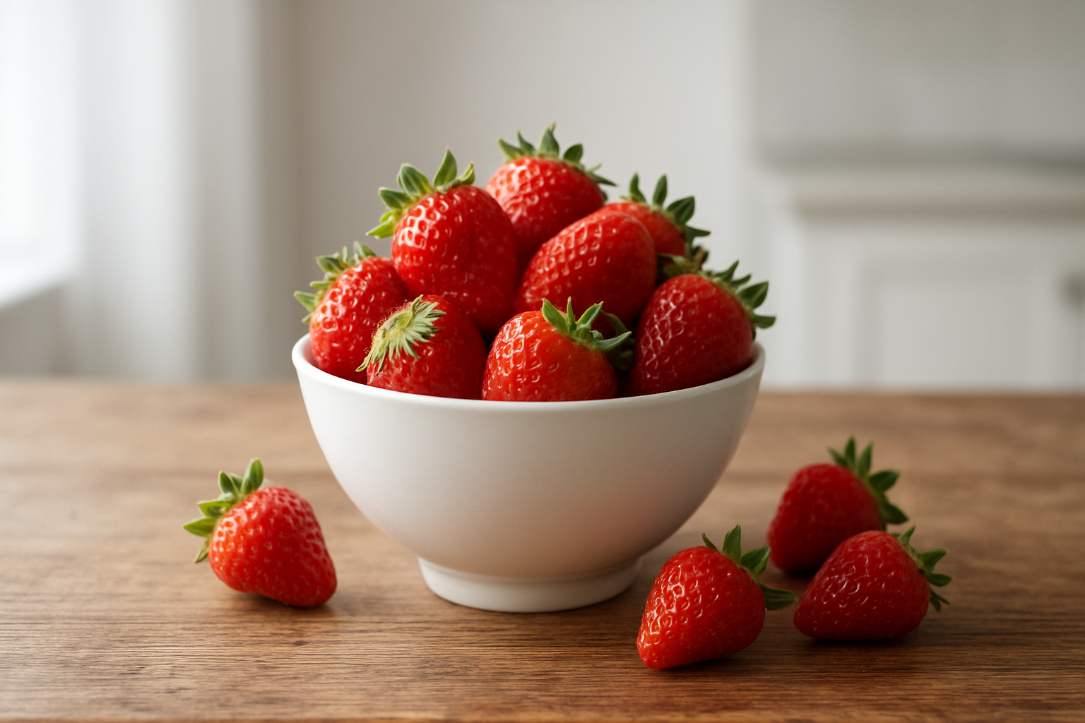Create a realistic image of fresh red strawberries arranged in an elegant white ceramic bowl on a rustic wooden table, with some strawberries scattered around the bowl showing their natural green leafy tops, soft natural lighting streaming from the side creating gentle shadows, a clean minimalist background with subtle hints of a modern kitchen setting, conveying a sense of freshness, health, and natural abundance, absolutely NO text should be in the scene.