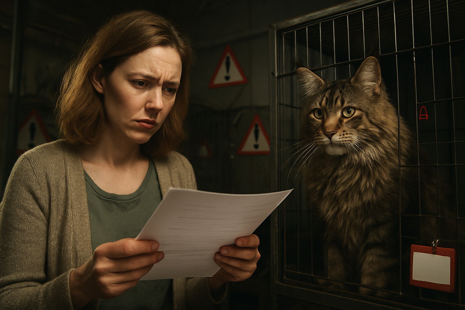 Create a realistic image of a concerned white female potential cat buyer examining pricing documents and red warning signs while looking at an expensive Maine Coon cat in a questionable breeding facility, with overpriced tags visible, poor lighting creating a suspicious atmosphere, cluttered background with warning symbols, and the woman showing a worried expression as she holds papers with inflated prices, absolutely NO text should be in the scene.
