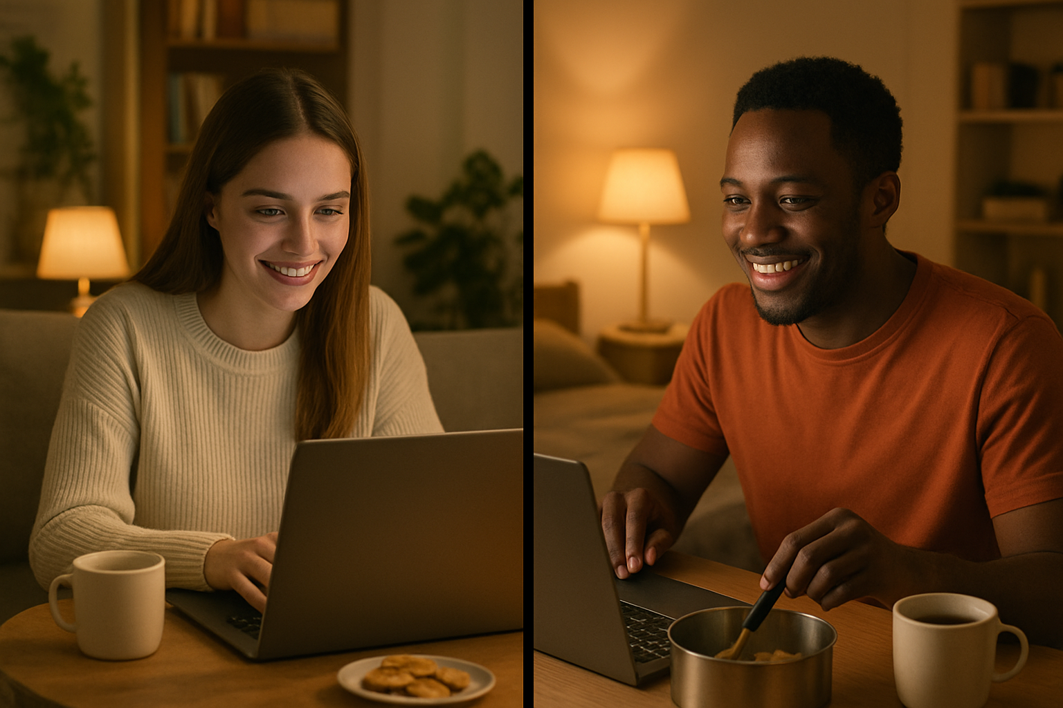 Create a realistic image of a split-screen composition showing two people in a long-distance relationship creating shared experiences together, with a white female on the left side sitting at her laptop in a cozy living room setting and a black male on the right side also at his computer in his bedroom, both appearing to be video chatting while simultaneously watching the same movie or cooking the same meal, warm ambient lighting from table lamps creating an intimate atmosphere, small details like matching coffee mugs and similar snacks visible on their respective desks, both people smiling and engaged, creating a sense of togetherness despite physical distance, soft focus background elements including bookshelves and plants, absolutely NO text should be in the scene.