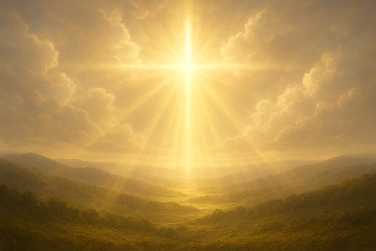Create a realistic image of a magnificent heavenly scene with golden rays of divine light streaming down from above through soft, luminous clouds, illuminating a serene landscape below with rolling hills and peaceful valleys, featuring warm golden and white lighting that creates a sense of divine presence and perfect peace, with ethereal beams of light forming a gentle cross pattern in the sky, surrounded by soft angelic clouds and a radiant atmosphere that conveys the concept of heaven's greatest gift being bestowed upon earth, absolutely NO text should be in the scene.