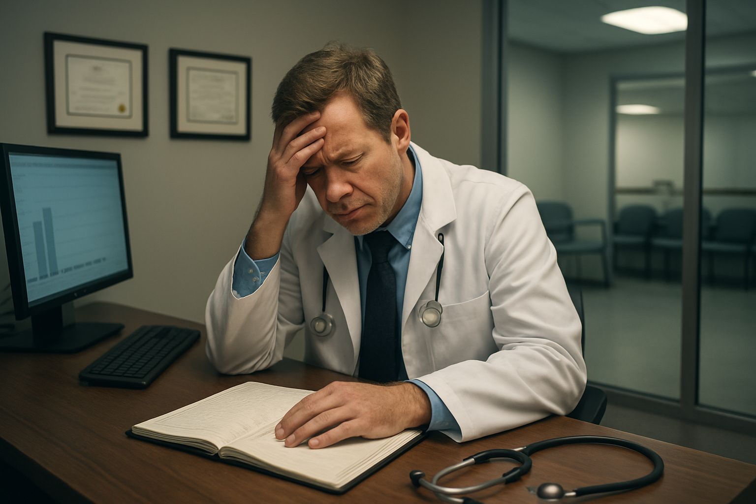 Create a realistic image of a frustrated white male doctor in his 40s sitting at his desk in a modern medical office, looking at an empty appointment book while holding his head in his hand, with an empty waiting room visible through glass doors in the background, soft fluorescent lighting creating a somber mood, medical diplomas and certificates hanging on the wall behind him, a computer screen showing low patient numbers, conveying the sense of being overlooked despite professional qualifications, absolutely NO text should be in the scene.