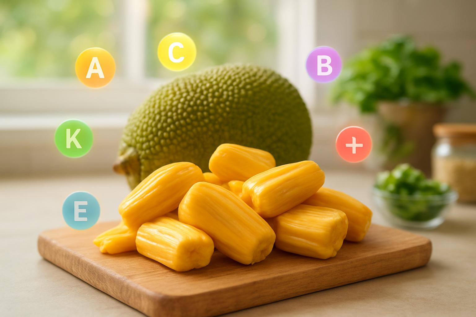Create a realistic image of fresh jackfruit pieces arranged on a wooden cutting board with a whole jackfruit in the background, surrounded by colorful nutritional elements like vitamin icons floating subtly around the fruit, bright natural lighting from a window, clean kitchen counter setting with green leafy vegetables and health-focused items nearby, warm and inviting atmosphere that emphasizes the nutritional value and health benefits of the tropical fruit, absolutely NO text should be in the scene.