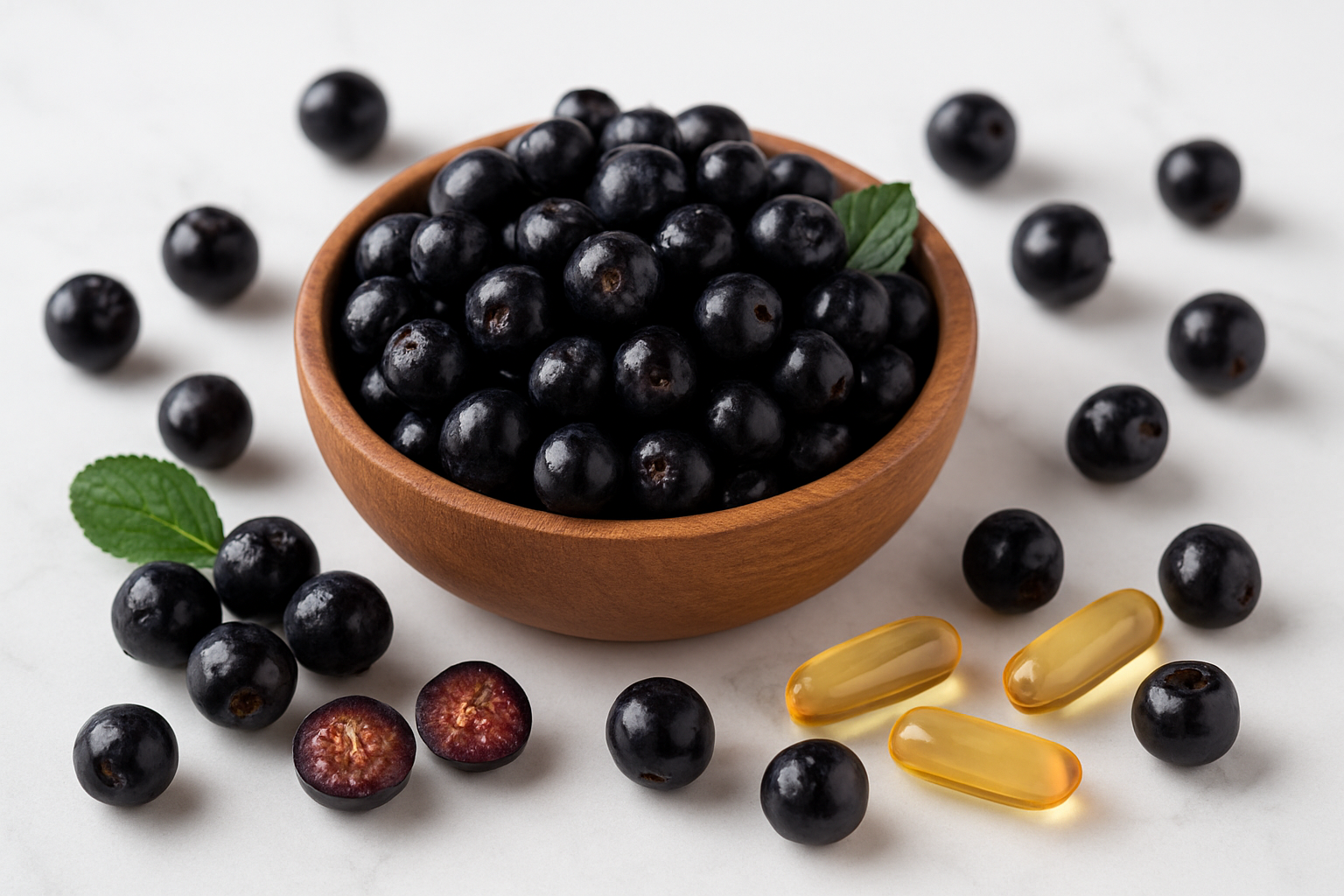 Create a realistic image of fresh black chokeberries arranged in a wooden bowl alongside vitamin capsules, fresh berries scattered around, with a soft natural lighting setup on a clean white marble surface, featuring rich dark purple-black berries glistening with moisture, some cut in half to show the interior, complemented by green leaves, creating a healthy and nutritious atmosphere that emphasizes the superfood qualities of the berries, absolutely NO text should be in the scene.
