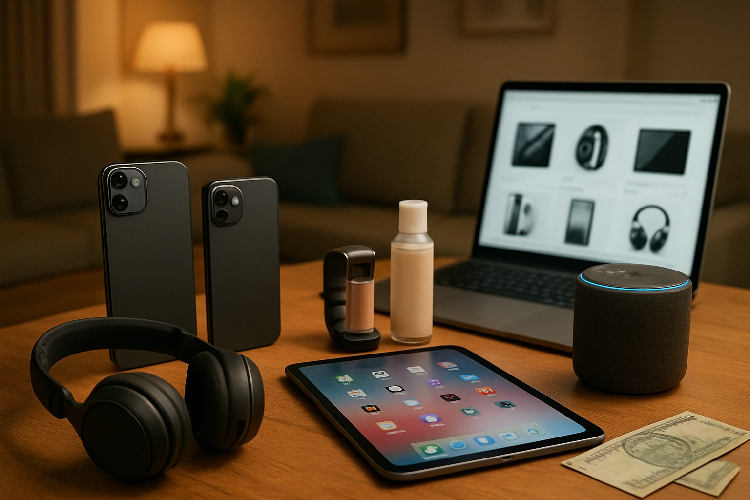 Create a realistic image of a modern Pakistani household setting with popular Amazon products displayed on a wooden table, including smartphones, tablets, headphones, smart watches, beauty products, and home electronics, with Pakistani rupee notes and a laptop showing shopping interface in the background, warm indoor lighting creating an inviting atmosphere, absolutely NO text should be in the scene.