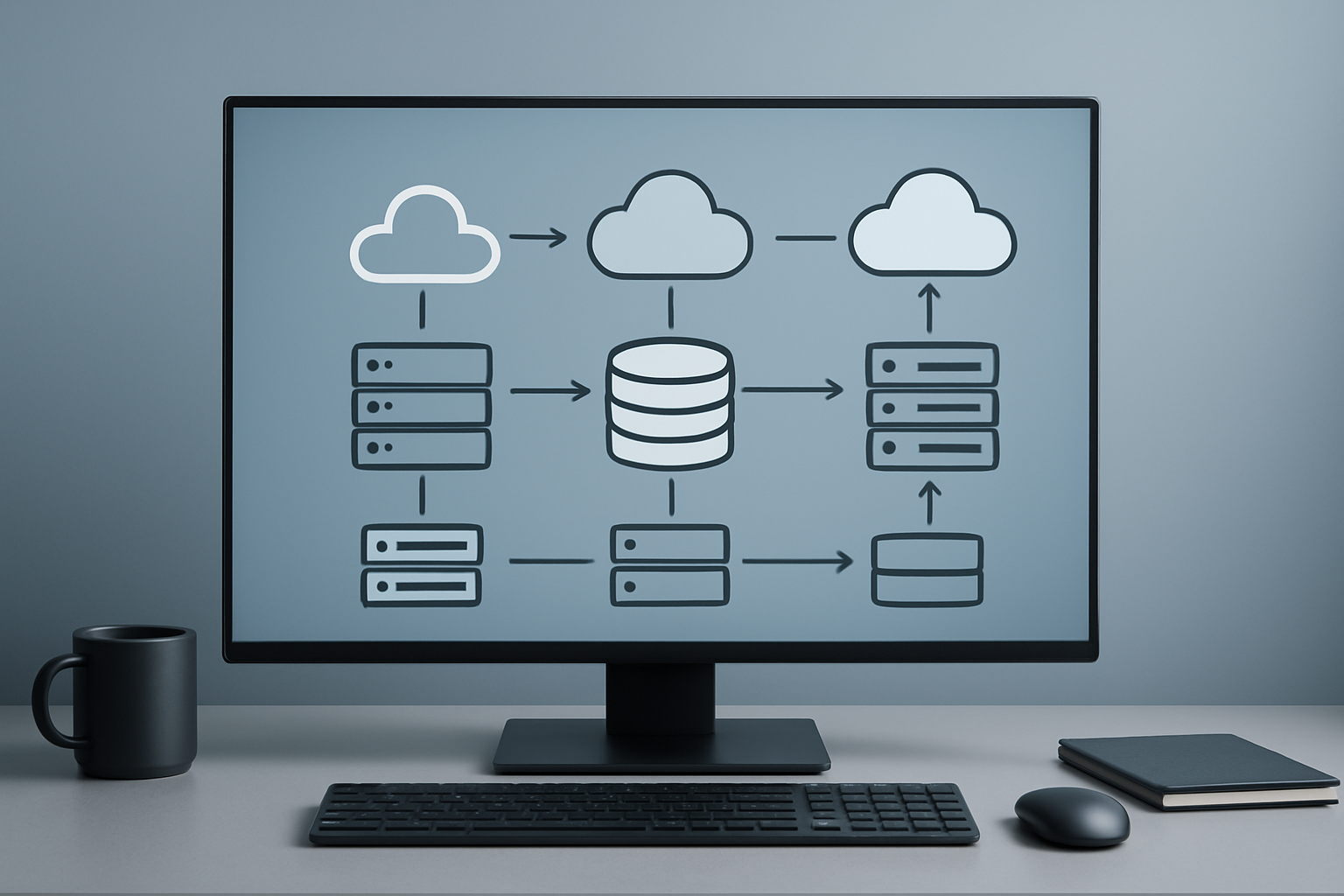 Create a realistic image of a modern digital workspace showing multiple AWS cloud migration pathways represented by interconnected server icons, database symbols, and directional arrows flowing between different cloud infrastructure elements, with a clean minimalist background featuring soft blue and gray tones, professional lighting that emphasizes the technical components, and a organized layout that suggests systematic migration processes and tools, absolutely NO text should be in the scene.