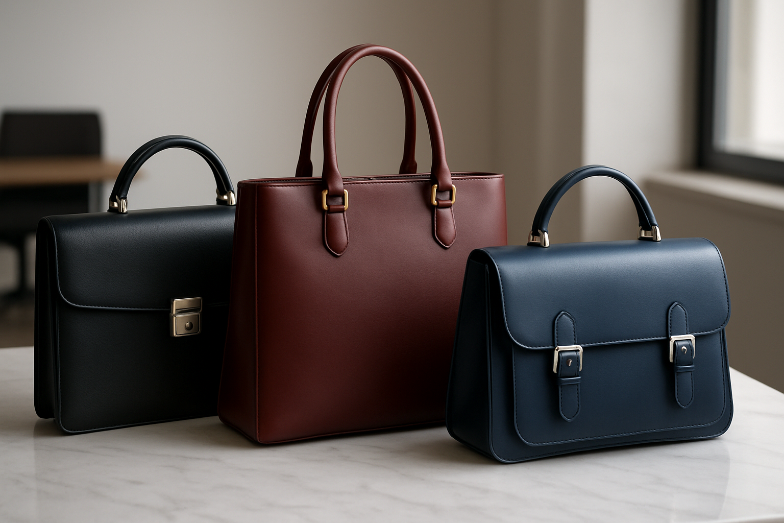 Create a realistic image of elegant professional handbags displayed on a clean white marble surface, featuring a structured black leather briefcase-style bag, a sophisticated burgundy leather tote with gold hardware, and a sleek navy blue satchel with silver buckles, arranged in an upscale office environment with soft natural lighting from a nearby window, blurred modern office furniture in the background, conveying luxury and executive presence, absolutely NO text should be in the scene.