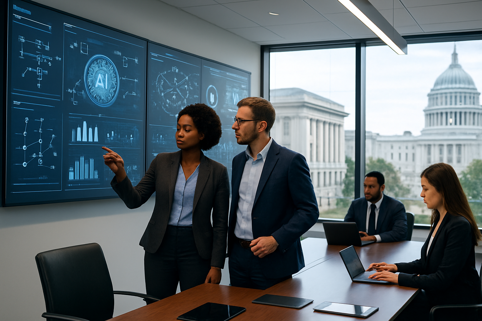 Create a realistic image of a modern government office environment with digital transformation elements, featuring a diverse group of professionals including a black female data analyst and a white male technology consultant examining AI dashboards on large wall-mounted screens displaying data visualizations and flowcharts, with government buildings visible through floor-to-ceiling windows in the background, modern conference table with laptops and tablets in the foreground, clean contemporary lighting with natural daylight, professional atmosphere conveying innovation and technological advancement in public sector services, absolutely NO text should be in the scene.