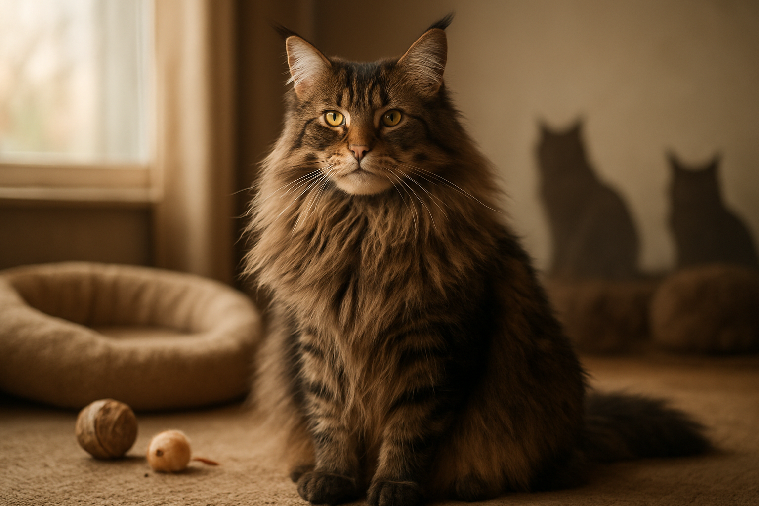 Create a realistic image of a majestic Maine Coon cat sitting regally in the foreground, with its impressive large size clearly visible, surrounded by a cozy indoor setting featuring cat toys, a comfortable cat bed, and soft natural lighting streaming through a window, with the cat's distinctive long fluffy coat, tufted ears, and gentle expression capturing the essence of these gentle giants, while additional Maine Coon silhouettes are subtly visible in the soft-focused background, creating a warm and concluding atmosphere that celebrates these magnificent felines, absolutely NO text should be in the scene.