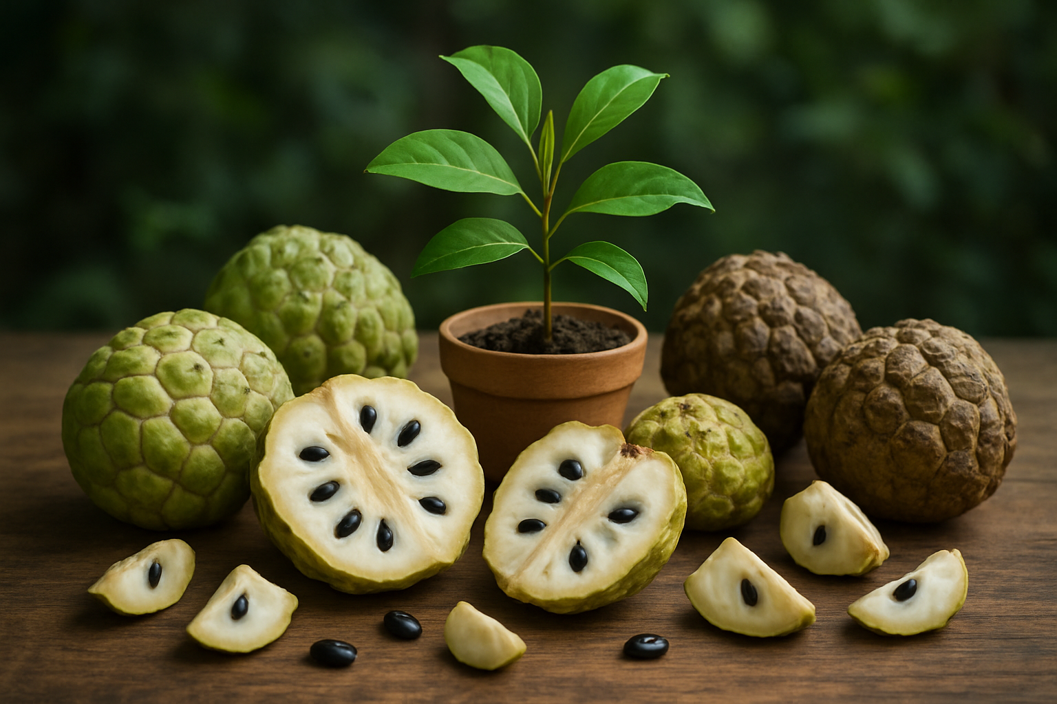 Create a realistic image of a beautifully arranged display featuring whole and cut custard apples showcasing their creamy white flesh and black seeds, alongside a small potted custard apple sapling with green leaves, scattered fresh custard apple segments, and a few different varieties of the fruit in various stages of ripeness from green to brown, all arranged on a rustic wooden surface with soft natural lighting creating gentle shadows, surrounded by subtle green foliage in the blurred background to suggest a garden setting, conveying a sense of completion and comprehensive knowledge about custard apples, absolutely NO text should be in the scene.
