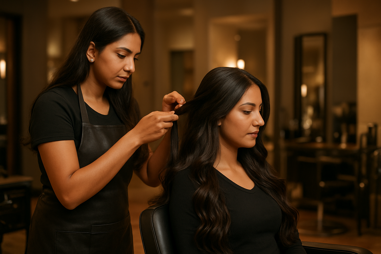 Create a realistic image of a professional Indian female hairstylist working on a client's hair extensions in an upscale salon setting, showing the stylist carefully styling and customizing long, flowing hair extensions on an Indian female client who is seated in a modern salon chair, with professional salon equipment, mirrors, and styling tools visible in the background, warm ambient lighting creating an elegant atmosphere, the scene capturing the transformation process with focus on the detailed hair work and professional expertise, absolutely NO text should be in the scene.