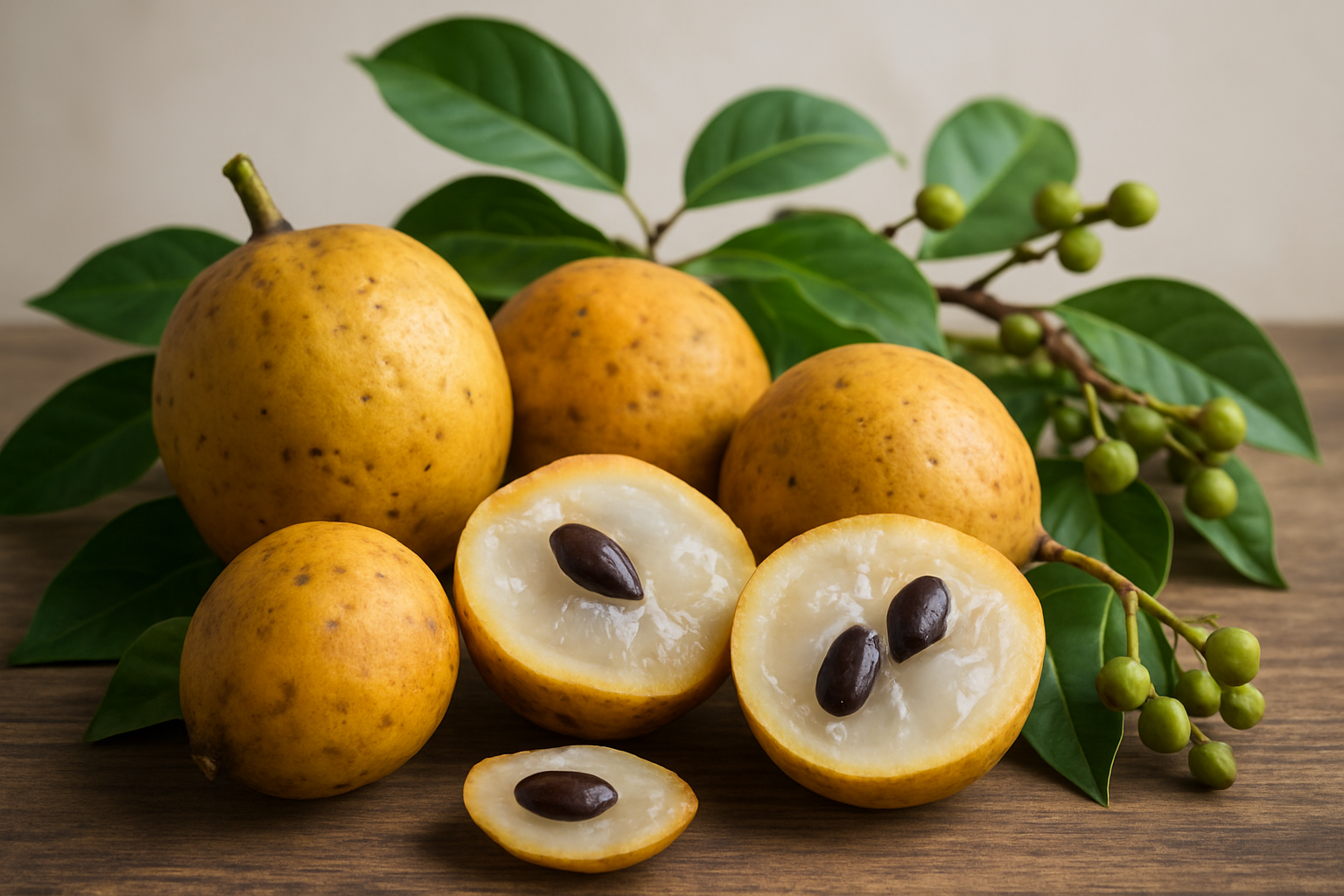 Create a realistic image of fresh wampi fruits displayed on a rustic wooden surface, showing both whole fruits with their distinctive yellow-brown skin and some cut open to reveal the translucent white flesh and dark seeds inside, surrounded by green wampi leaves and small clusters still attached to branches, with soft natural lighting highlighting the unique texture and characteristics of this exotic tropical fruit, set against a clean neutral background that emphasizes the fruit's natural colors and features, absolutely NO text should be in the scene.