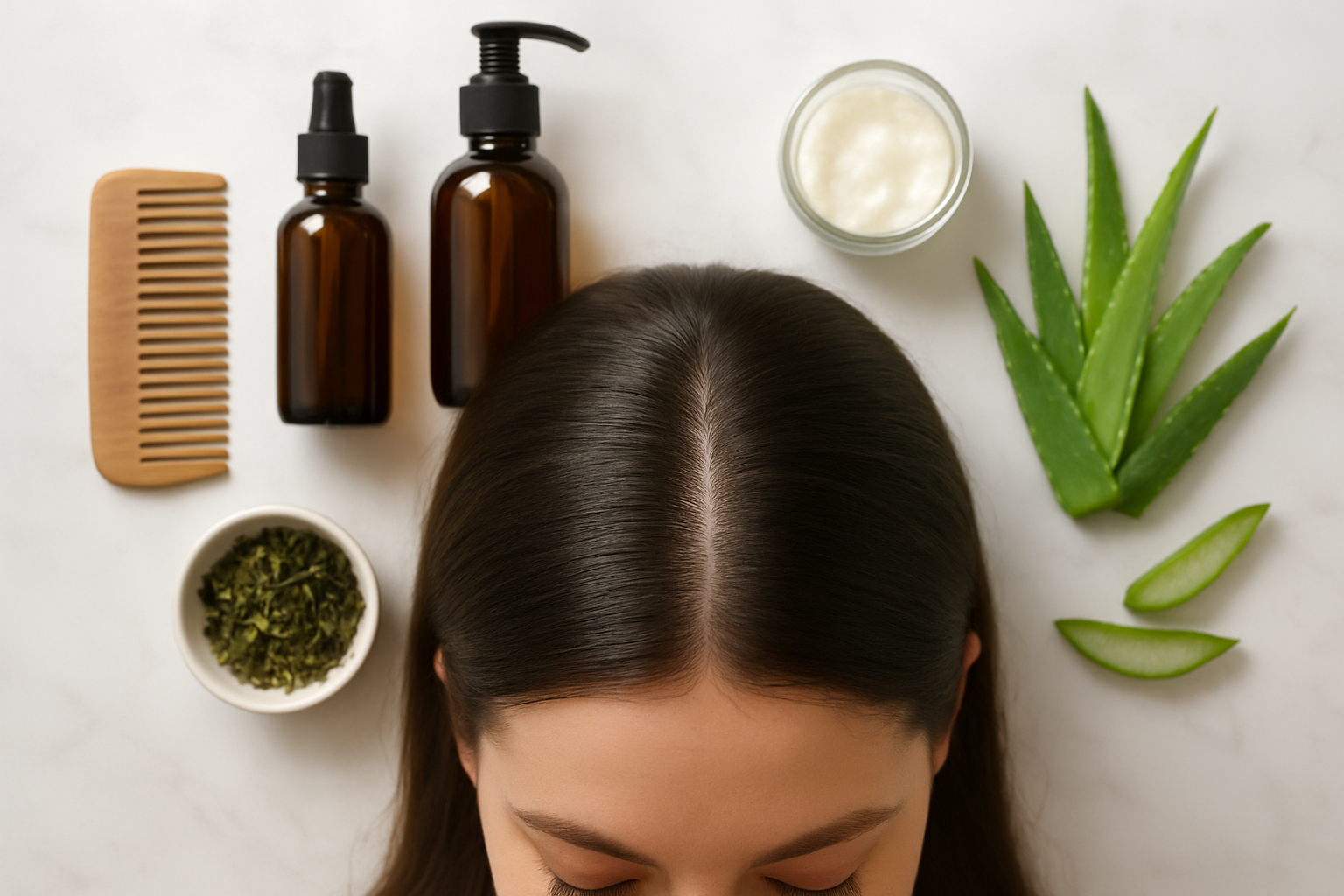Create a realistic image of a healthy scalp with clean, shiny hair viewed from above, surrounded by natural prevention elements including a wooden comb, organic shampoo bottles, fresh aloe vera leaves, coconut oil in a glass jar, and green tea leaves arranged on a clean white marble surface, with soft natural lighting creating a calm and wellness-focused atmosphere, absolutely NO text should be in the scene.