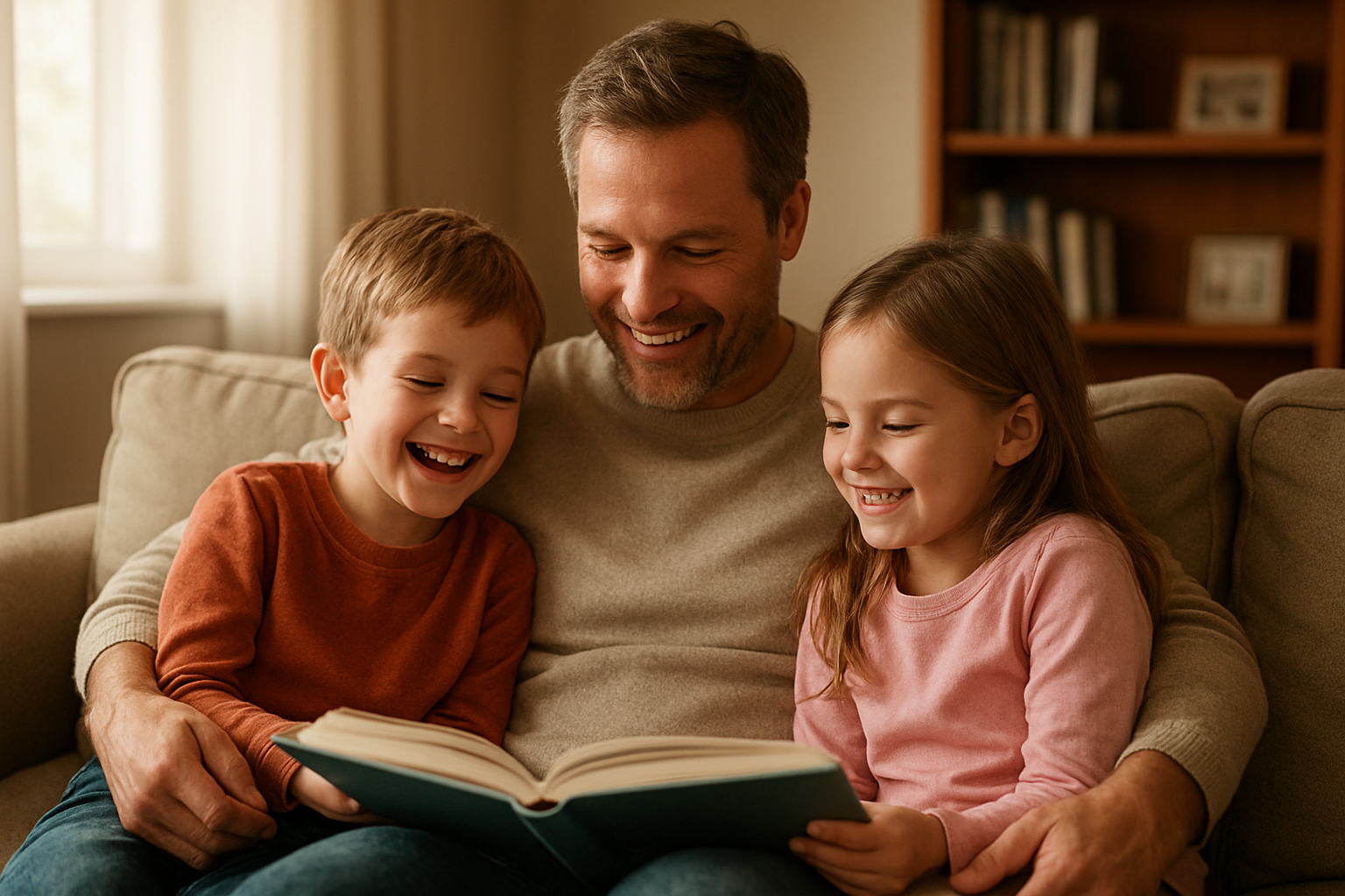 Create a realistic image of a warm, heartwarming scene showing a white middle-aged father sitting on a comfortable couch with his two children, a young white boy and girl, reading a book together in a cozy living room with soft natural lighting streaming through a window, capturing genuine smiles and emotional connection between them, with the father's arm protectively around the children, bookshelves and family photos visible in the blurred background, conveying feelings of security, love, and positive psychological well-being, absolutely NO text should be in the scene.