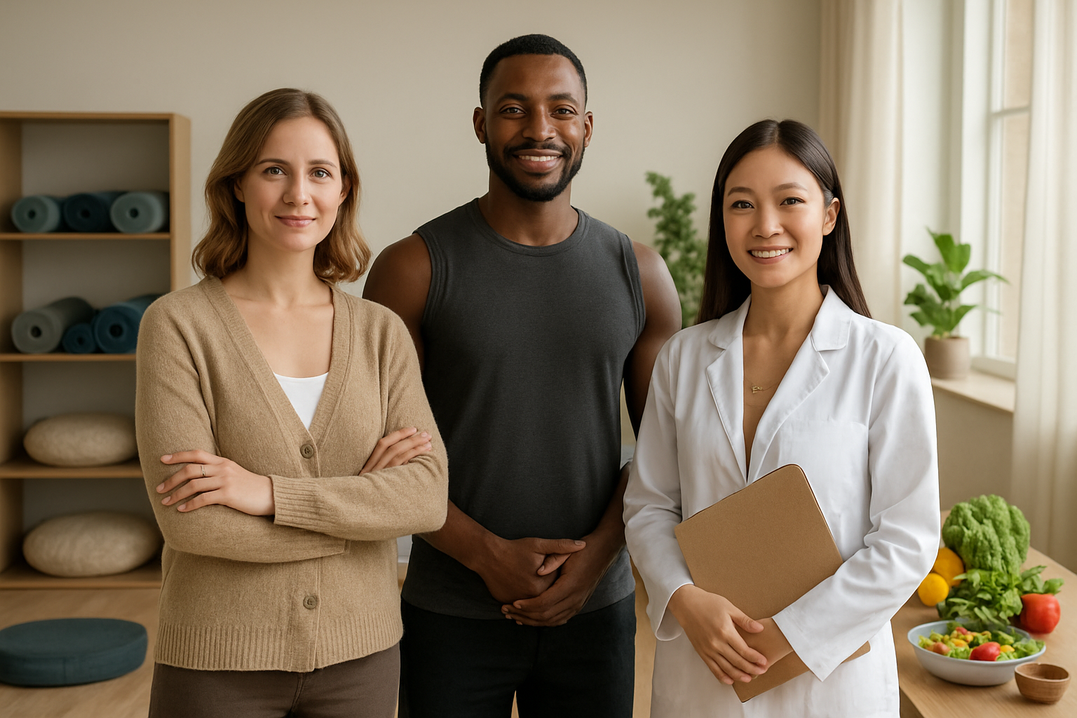 Create a realistic image of a diverse group of wellness professionals including a white female therapist, a black male yoga instructor, and an Asian female nutritionist standing together in a modern, calming wellness center with soft natural lighting, surrounded by elements like yoga mats, healthy food displays, and meditation cushions, conveying a supportive and professional atmosphere for holistic health and wellness services, absolutely NO text should be in the scene.